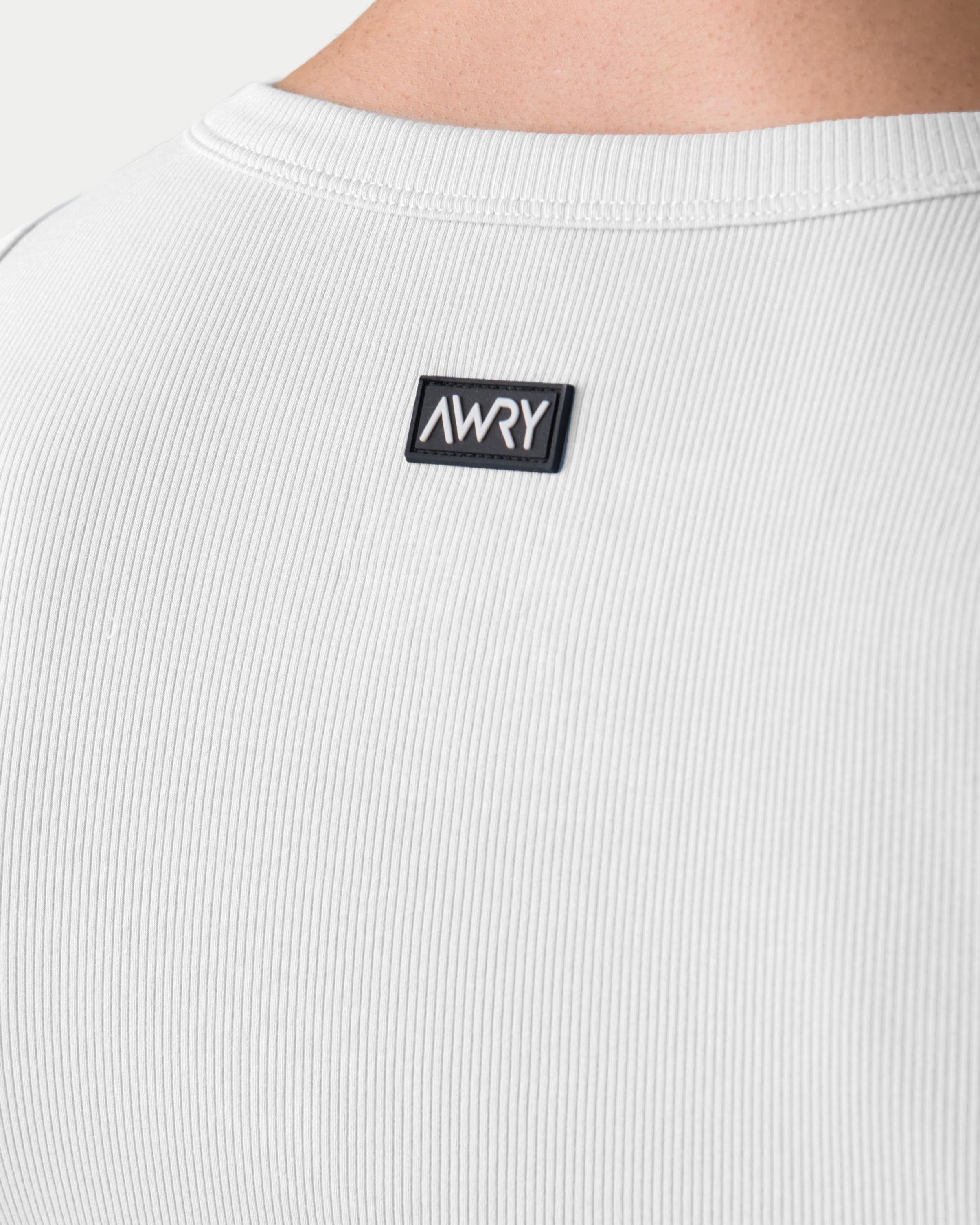 Awry Ribbed Tank White — men's fitted ribbed tank top, back view