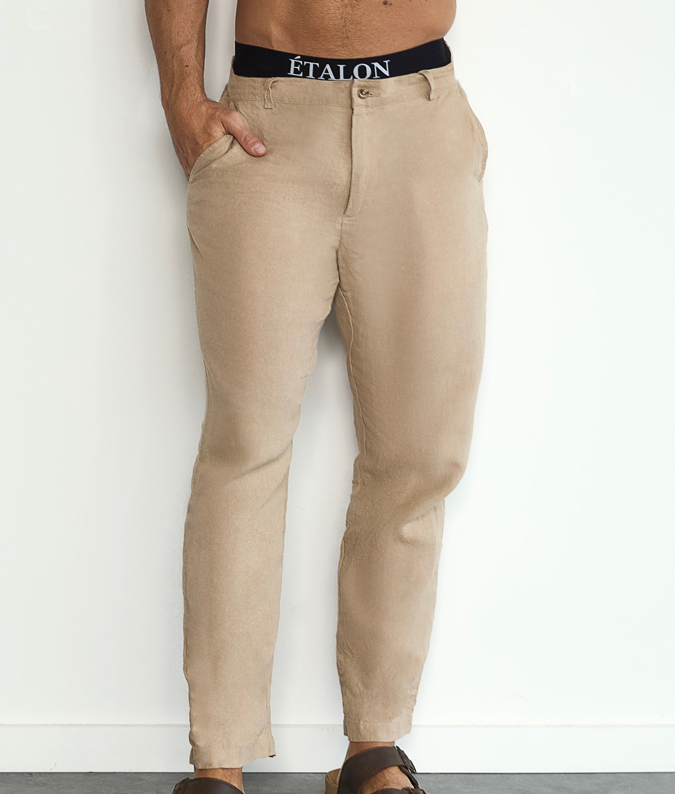 Etalon Perfect Beige Linen Pant - men's beige linen pants with drawstring waist, front view