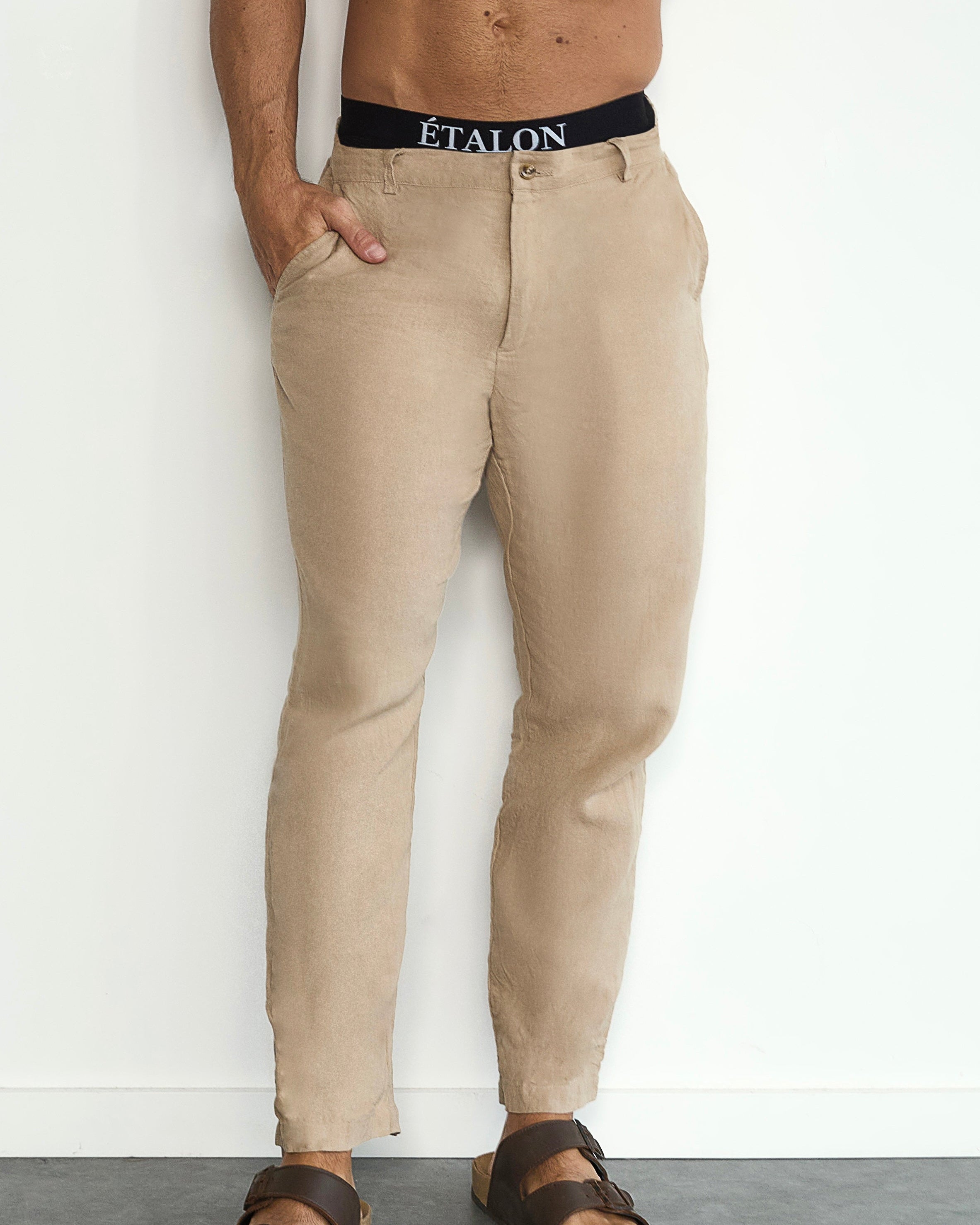 Etalon Perfect Beige Linen Pant - men's beige linen pants with drawstring waist, front view