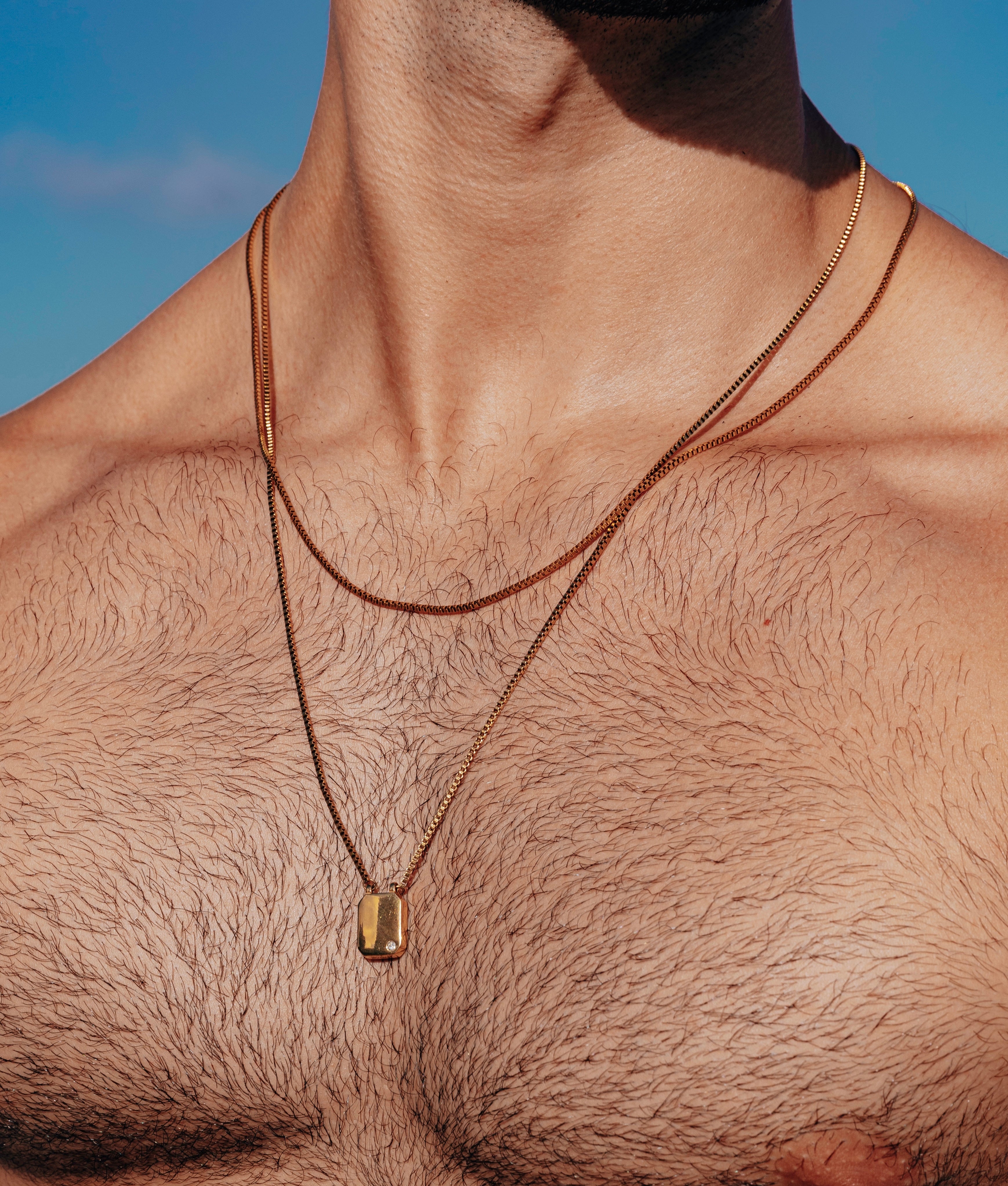Etalon Tiny Box Chain Necklace - men's box chain worn on model, layered styling