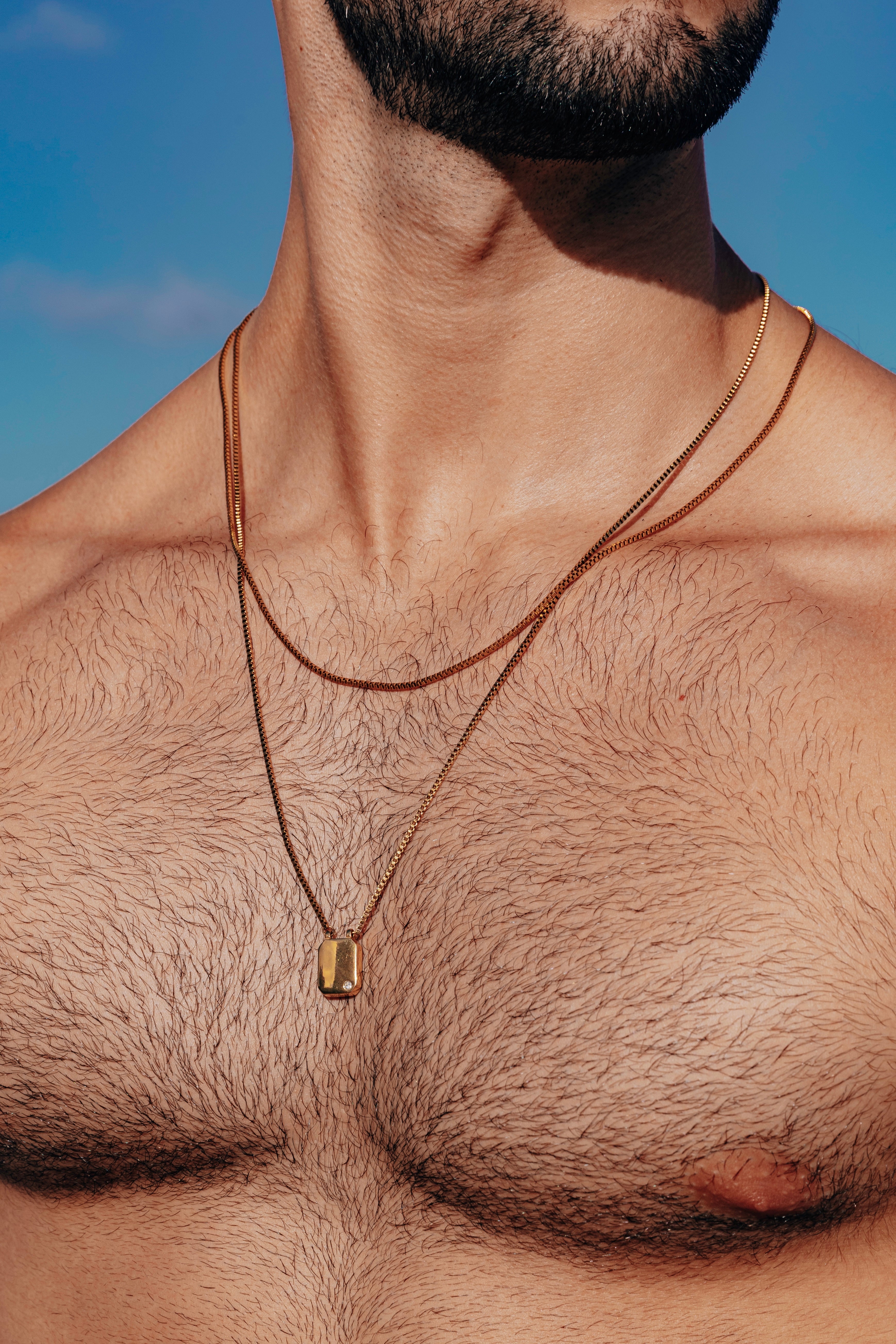 Etalon Tiny Box Chain Necklace - men's box chain worn on model, layered styling