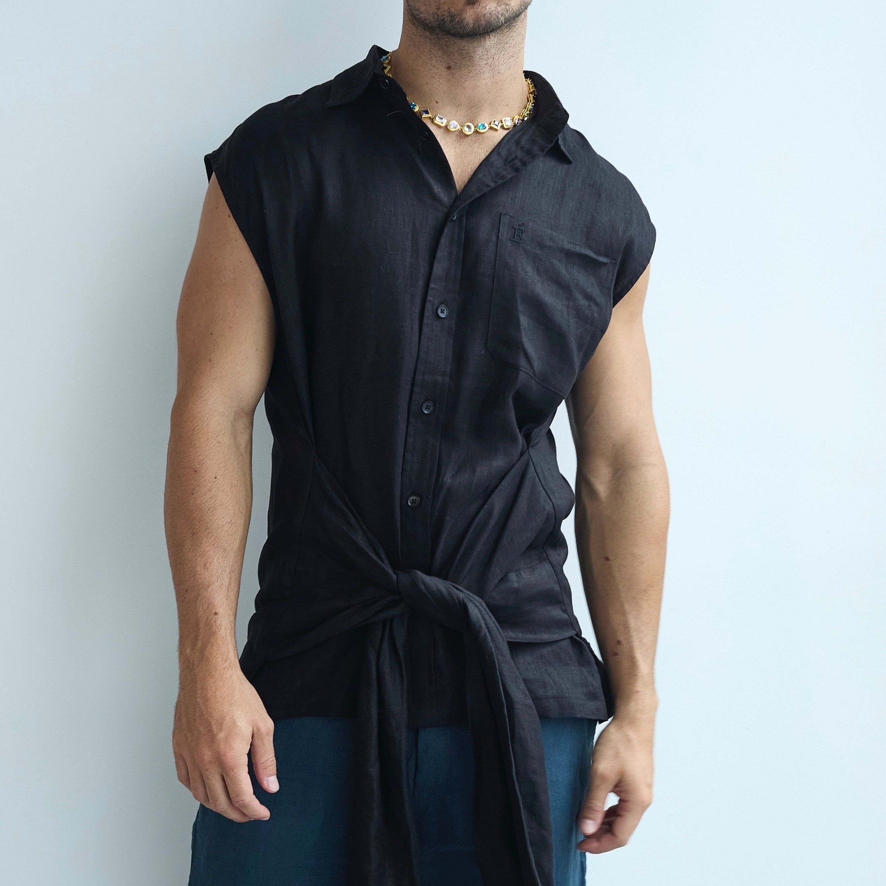 Etalon Tie Linen Sleeveless Shirt - men's linen sleeveless shirt with tie panels, front view