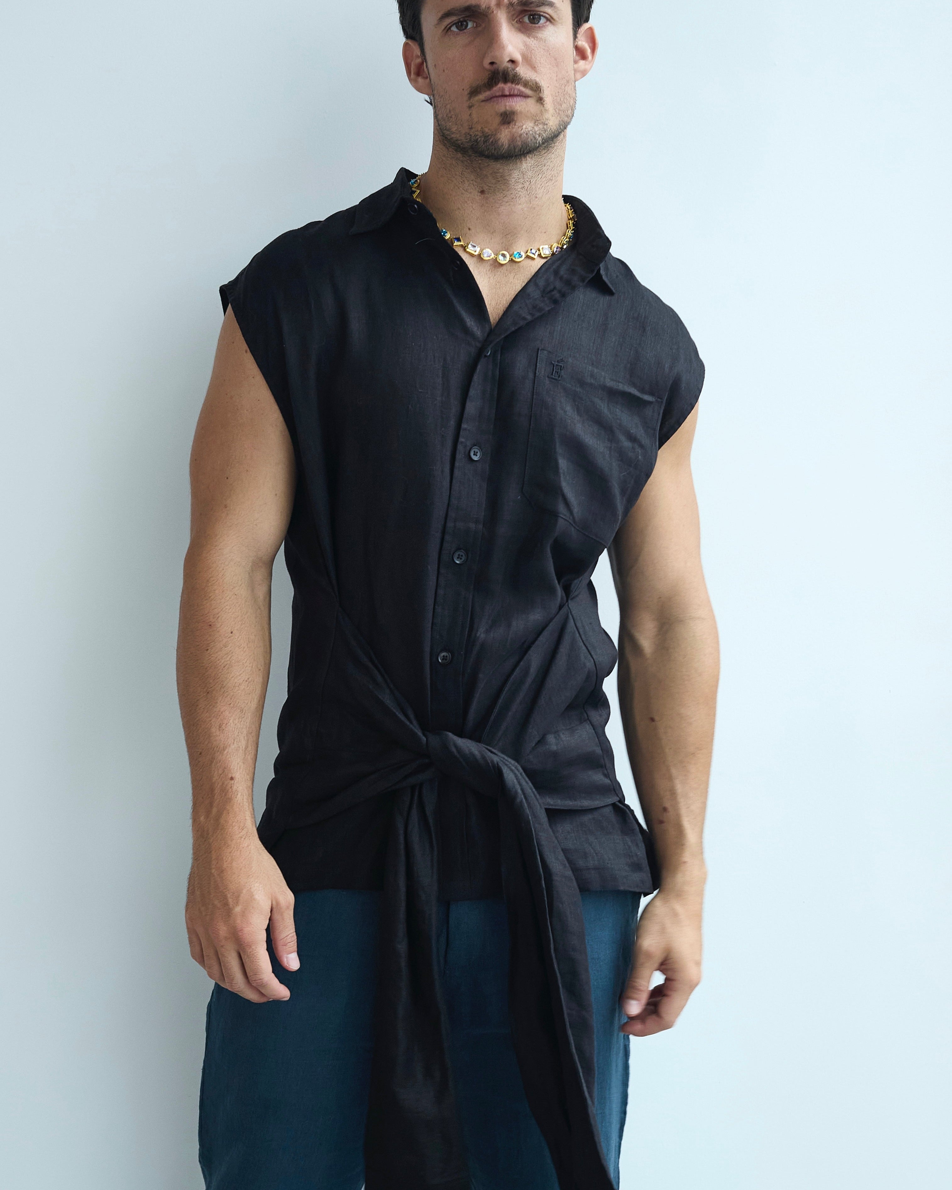 Etalon Tie Linen Sleeveless Shirt - men's linen sleeveless shirt with tie panels, front view