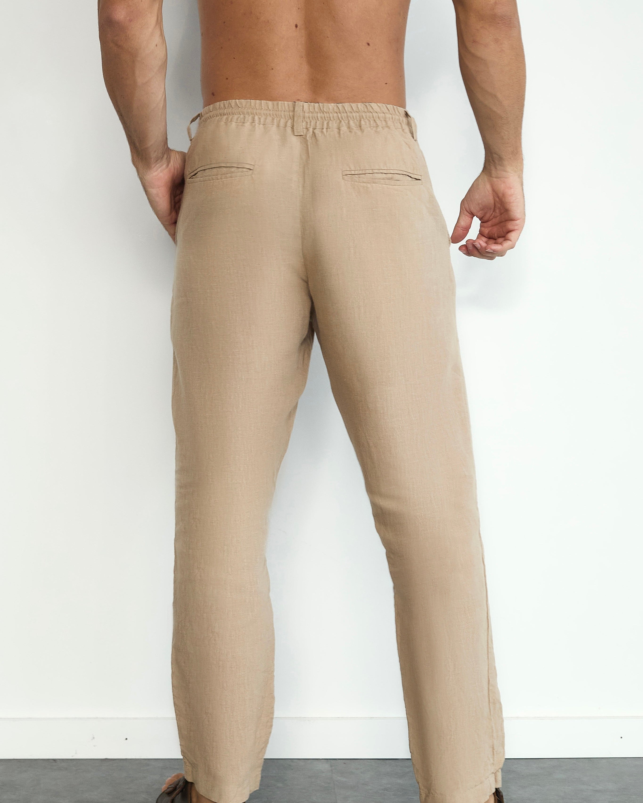 Etalon Perfect Beige Linen Pant - men's linen pants back pockets, back view