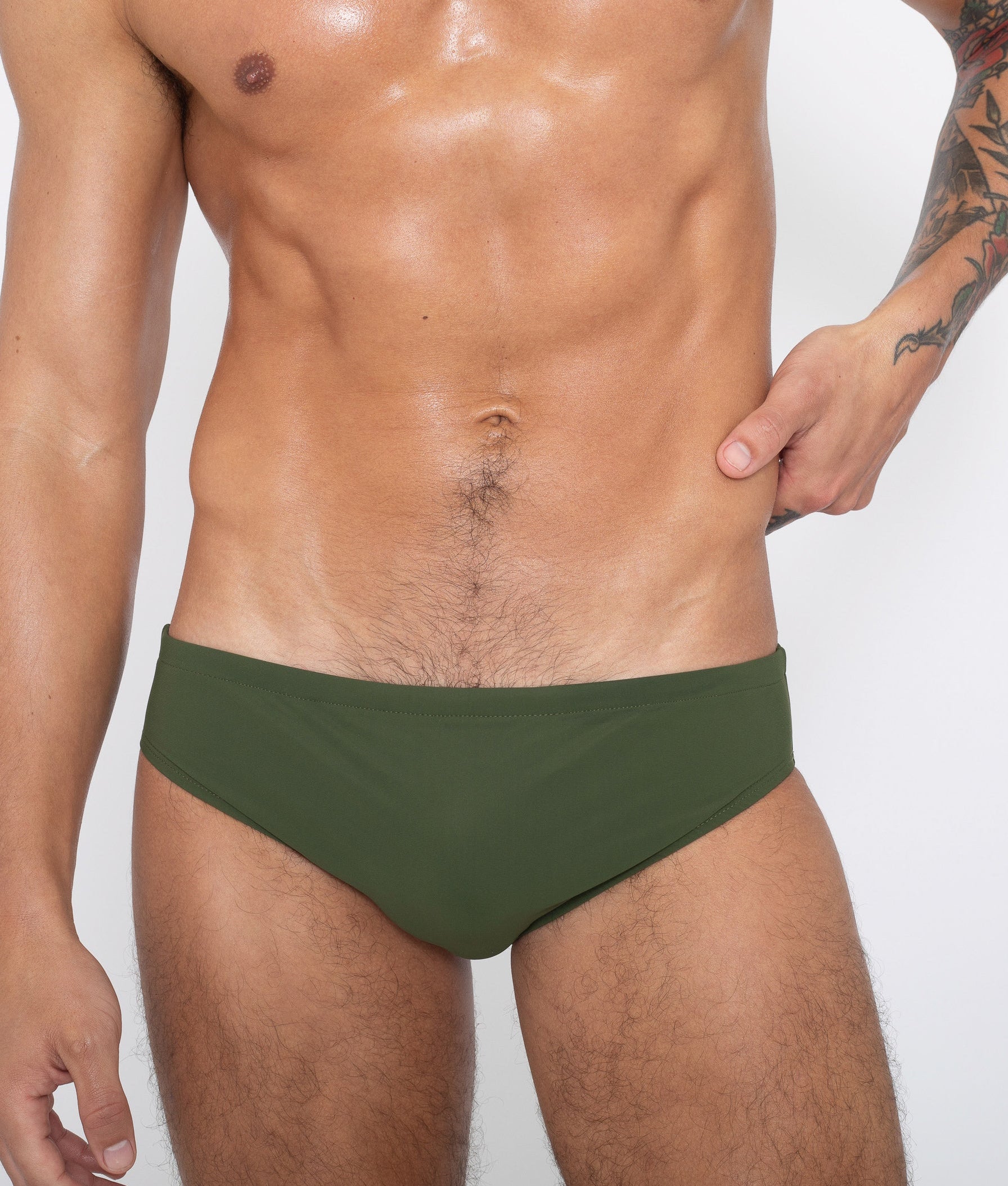Sean & Val Classic Brief Olive — men's swim brief, model front view