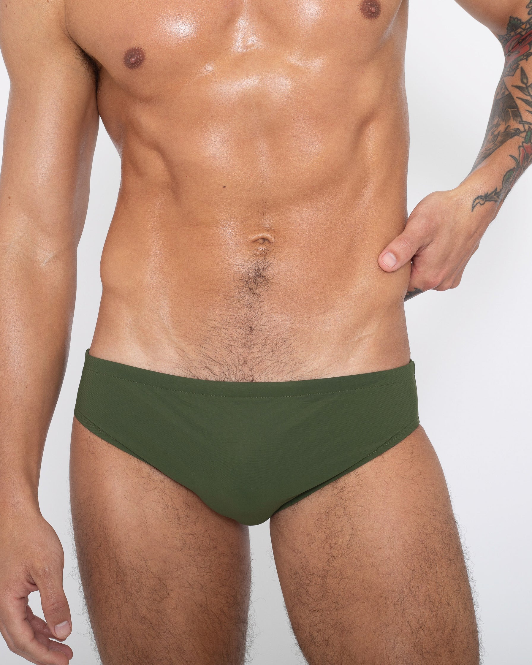 Sean & Val Classic Brief Olive — men's swim brief, model front view