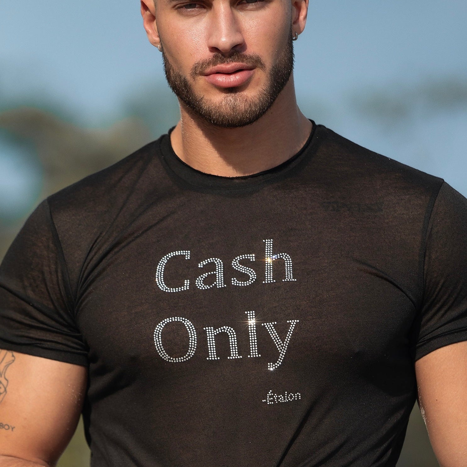 Etalon Crystal Cash Only Premium Tee front — AAA rhinestone detail on polyester