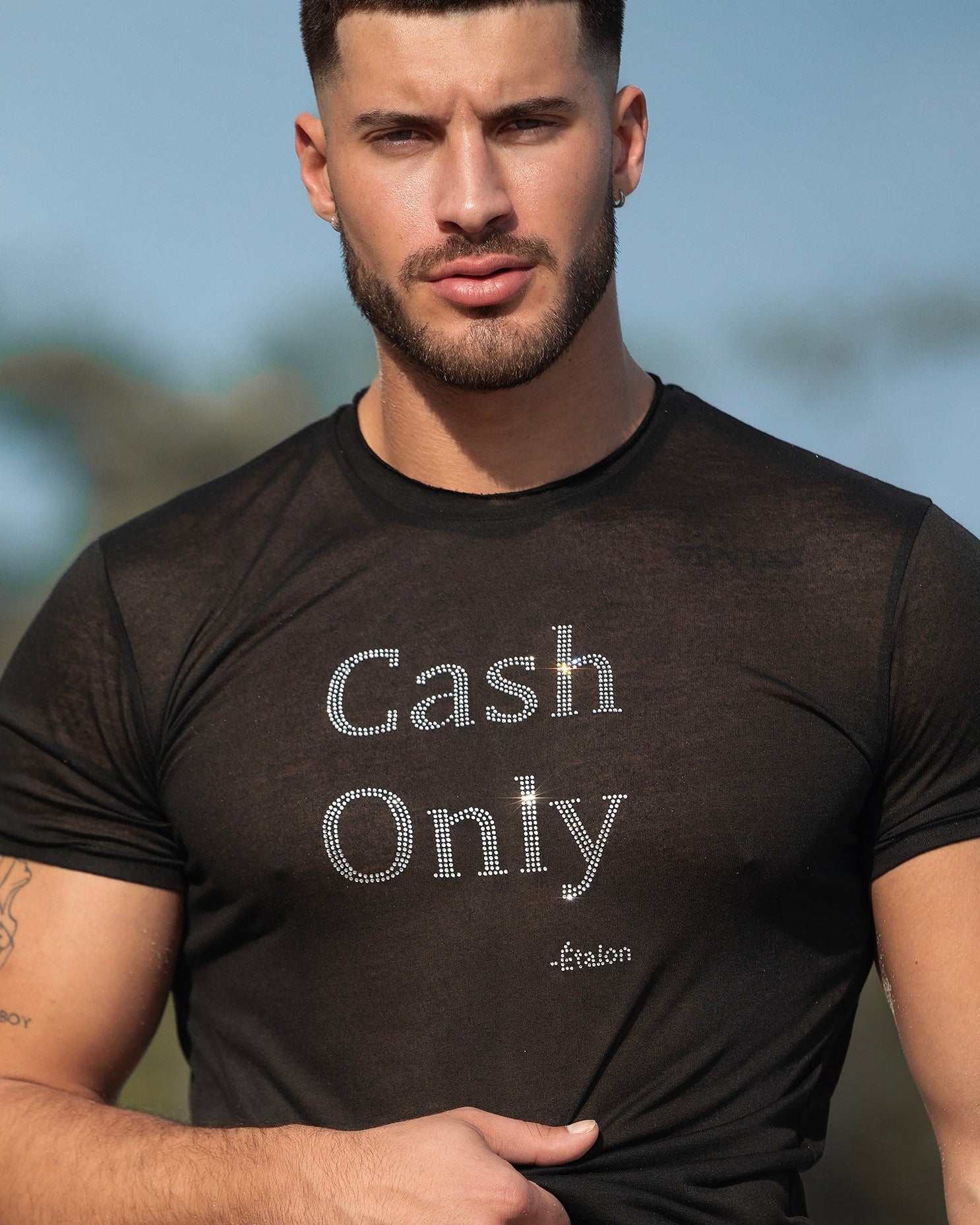 Etalon Crystal Cash Only Premium Tee front — AAA rhinestone detail on polyester