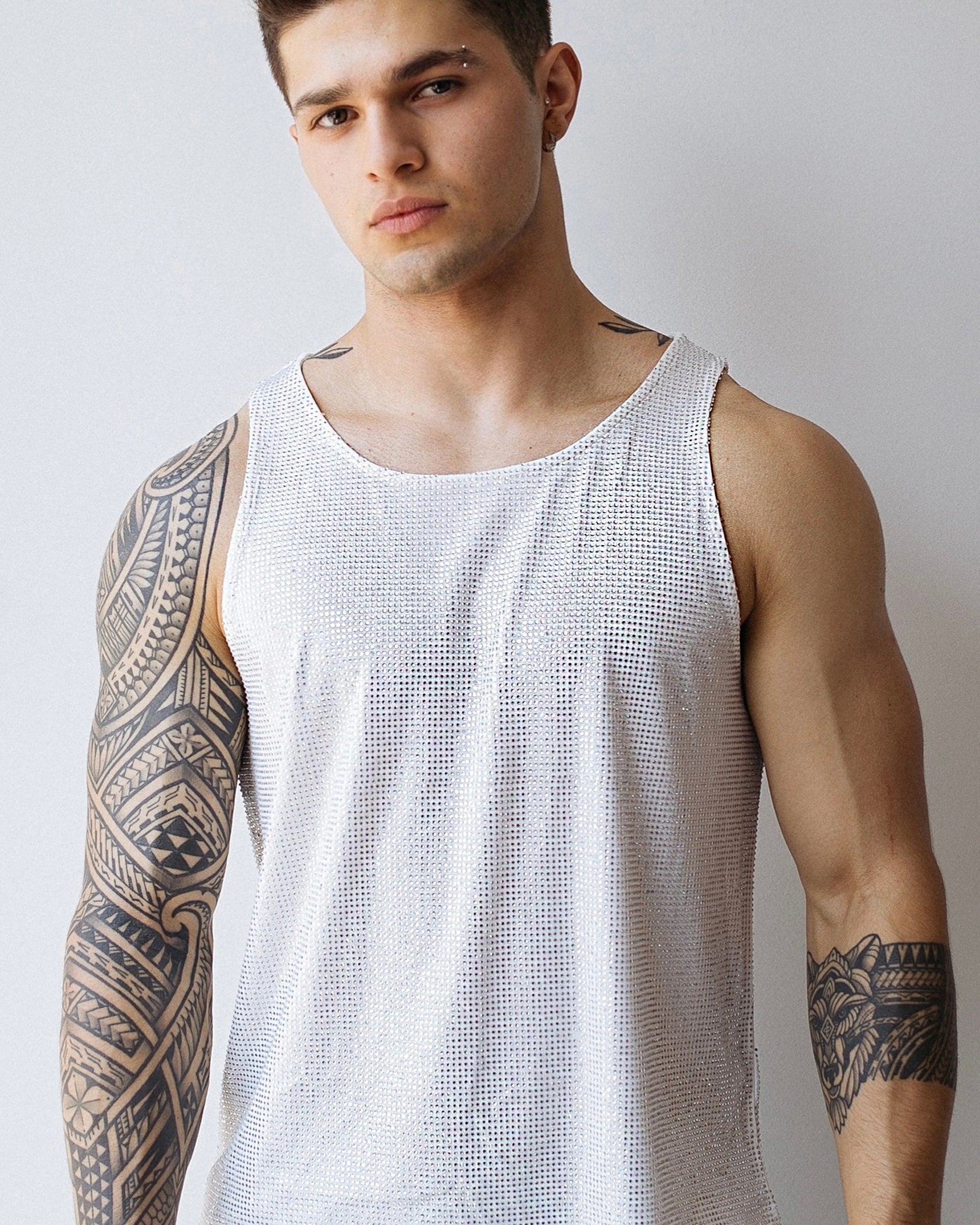 Etalon Crystal Tank Top 01 front — full rhinestone coverage on polyester mesh