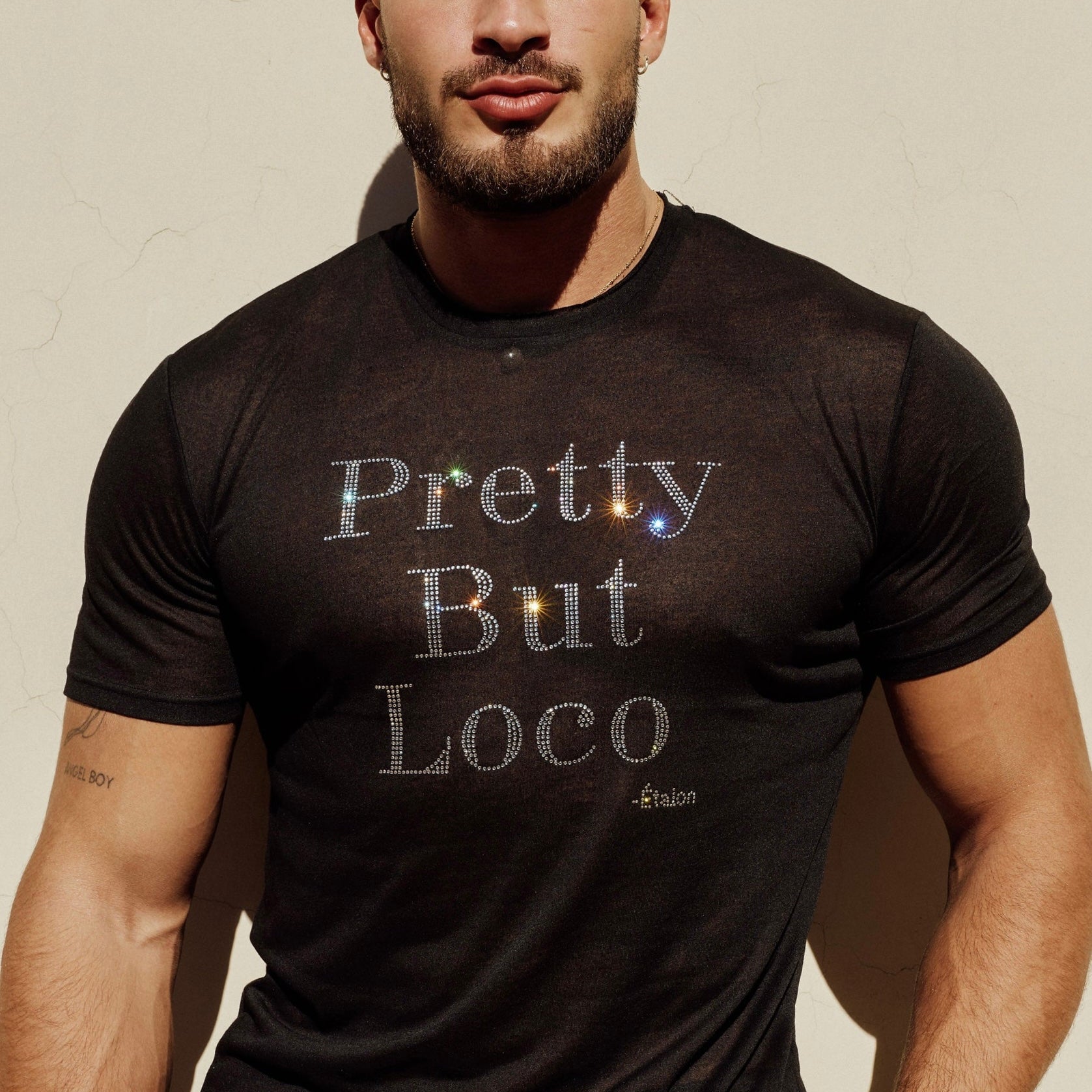 Etalon Crystal Pretty But Loco Tee front — AAA rhinestone slogan detail