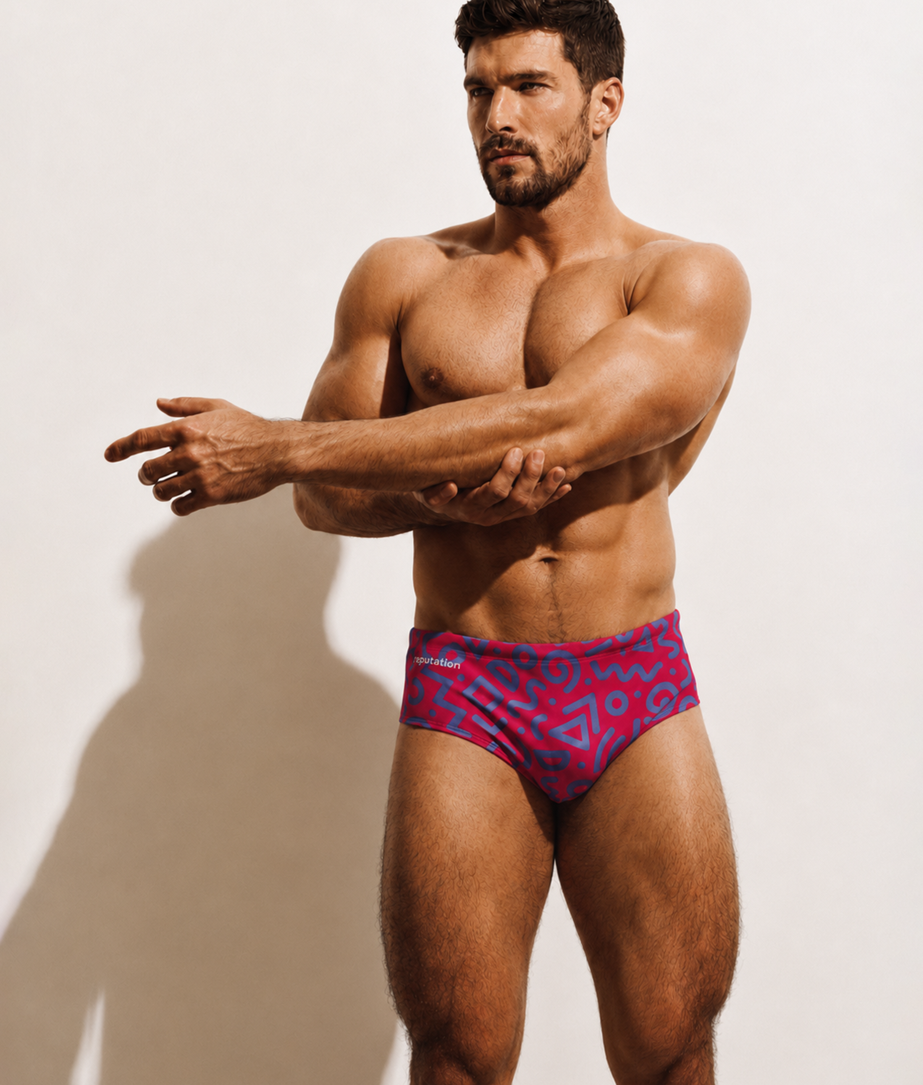 Reputation Sunga 02 Red Blue Glyph — men's sunga brief on-model lifestyle shot