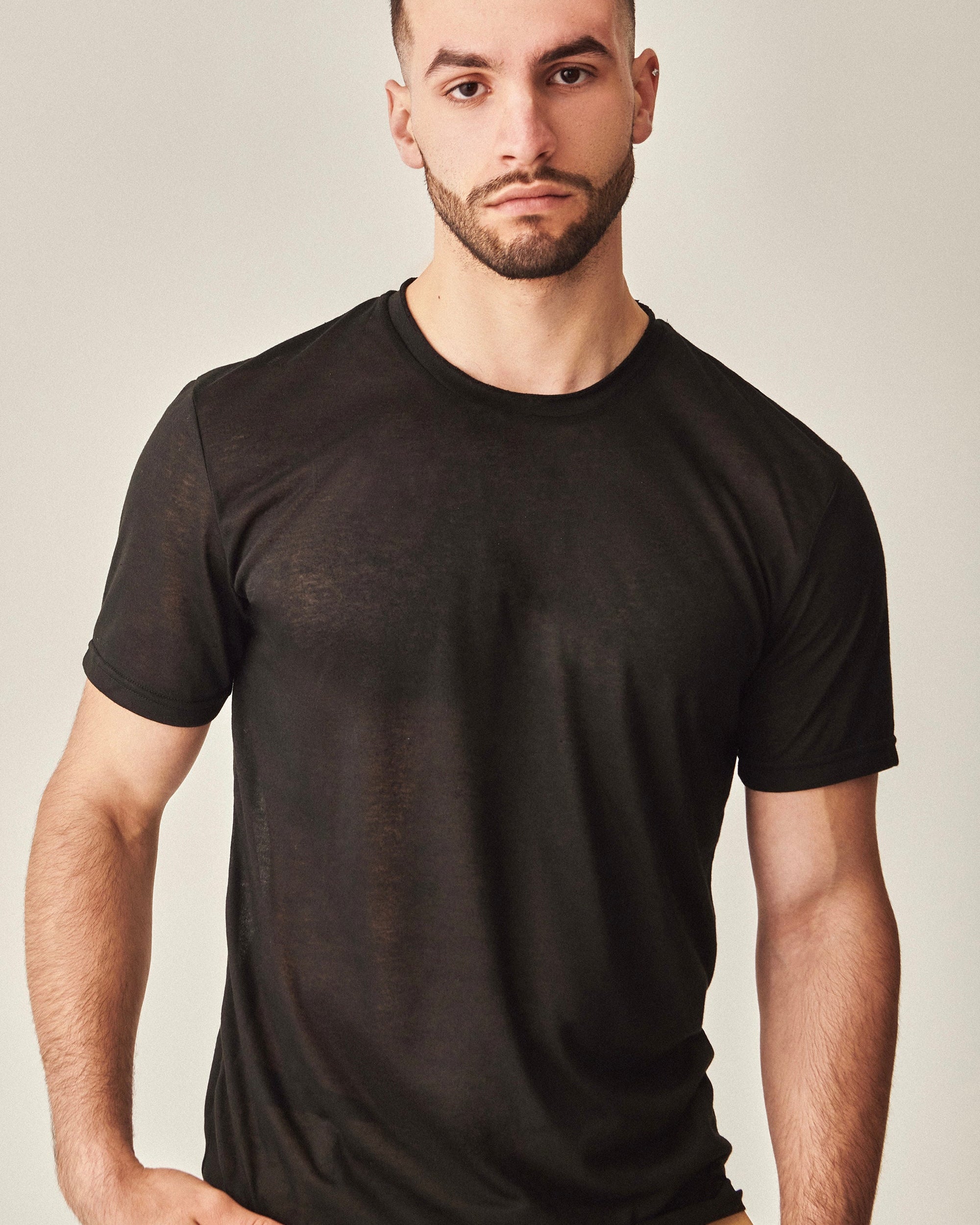 Etalon Not So Basic Tee 01 Black - men's fitted t-shirt with raw crew neck, front view