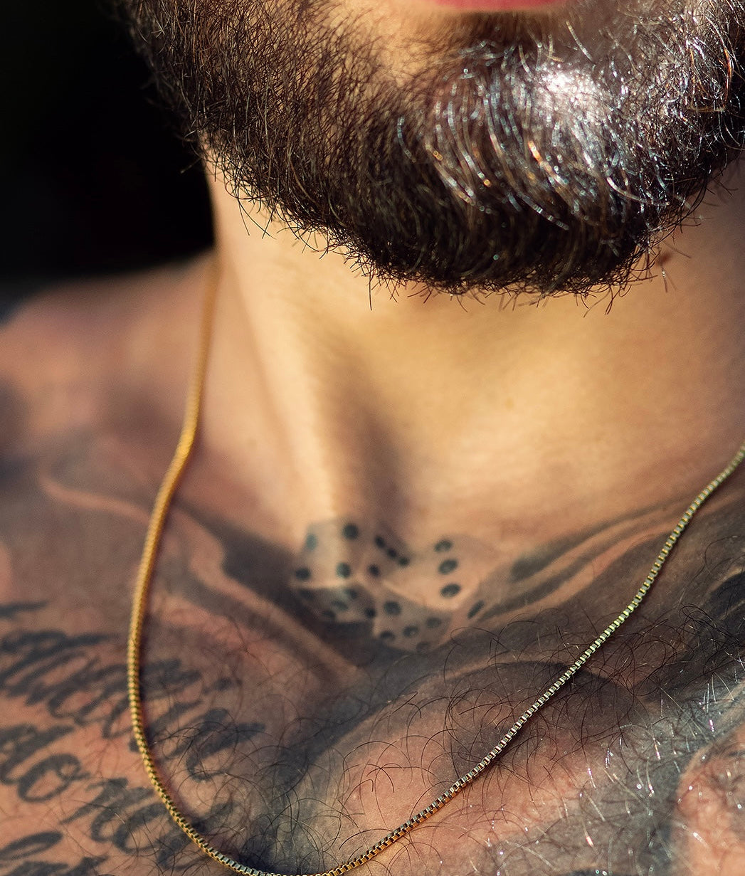 Etalon Tiny Box Chain Necklace - men's slim gold-plated box chain, front view