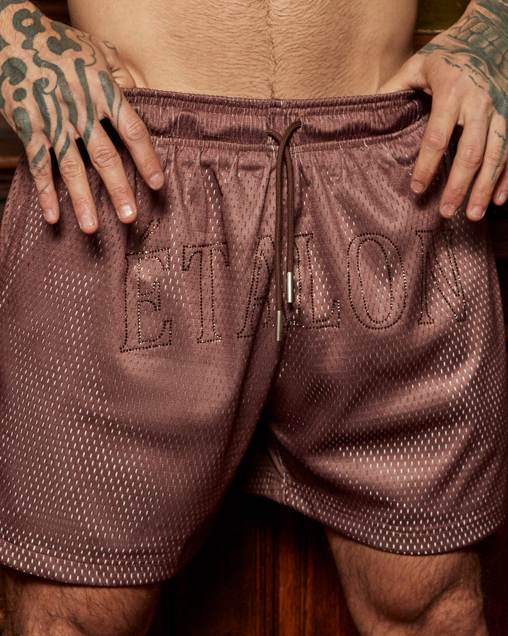 Etalon Crystal Shorts rhinestone ETALON logo close-up detail