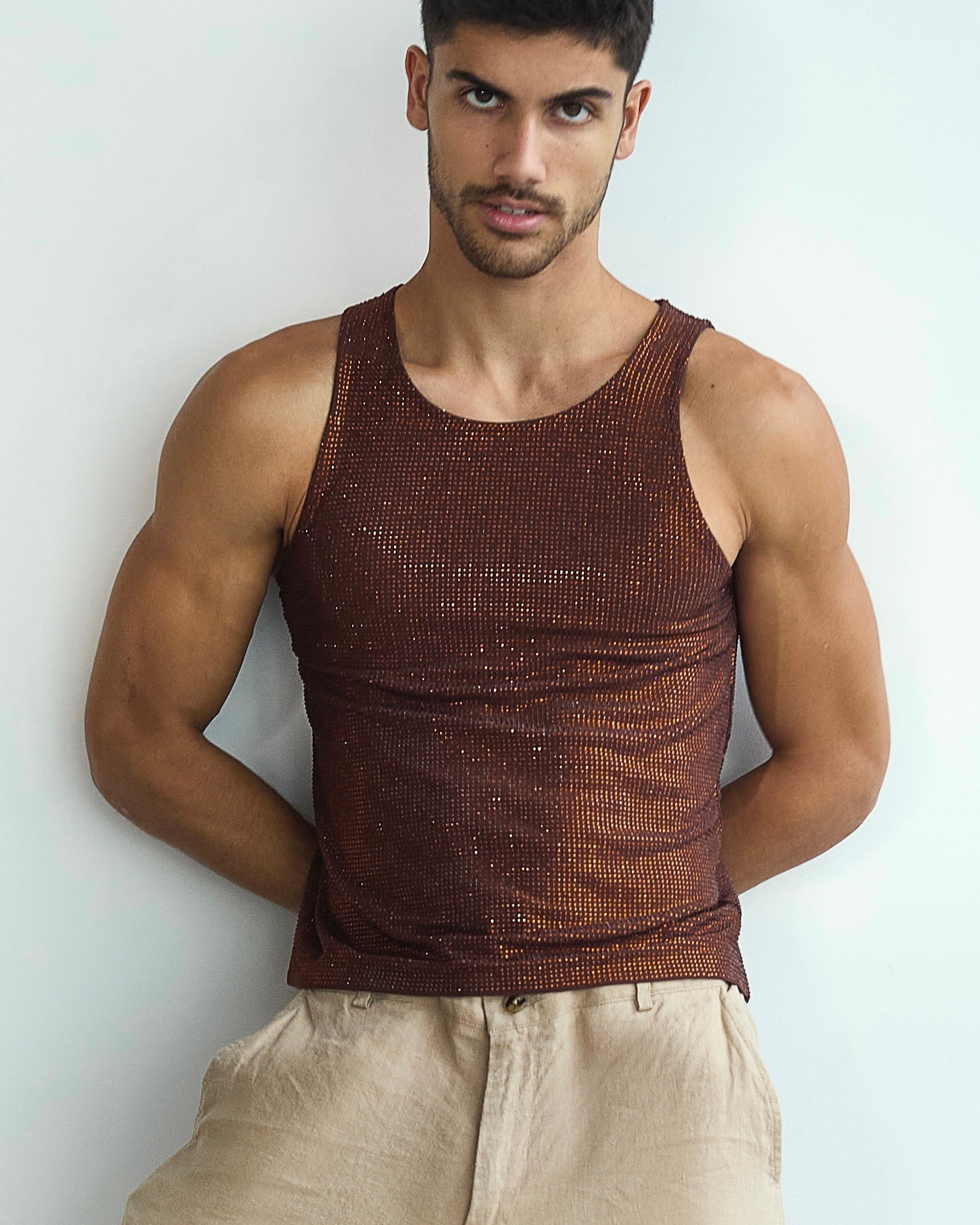 Etalon men's rhinestone festival crop top — crystal detail close-up