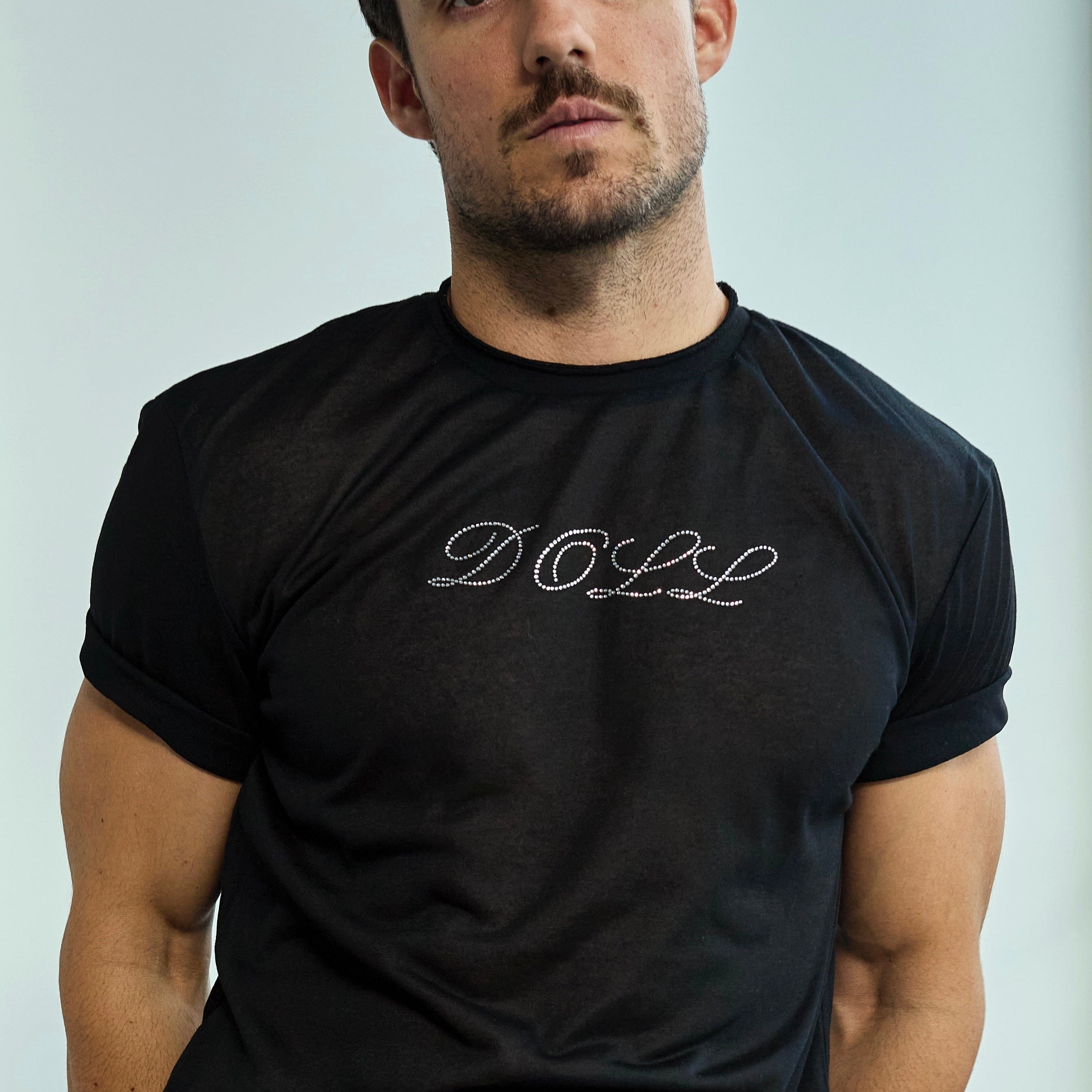 Etalon The Doll Tee - men's graphic tee with clear crystal detailing, front view
