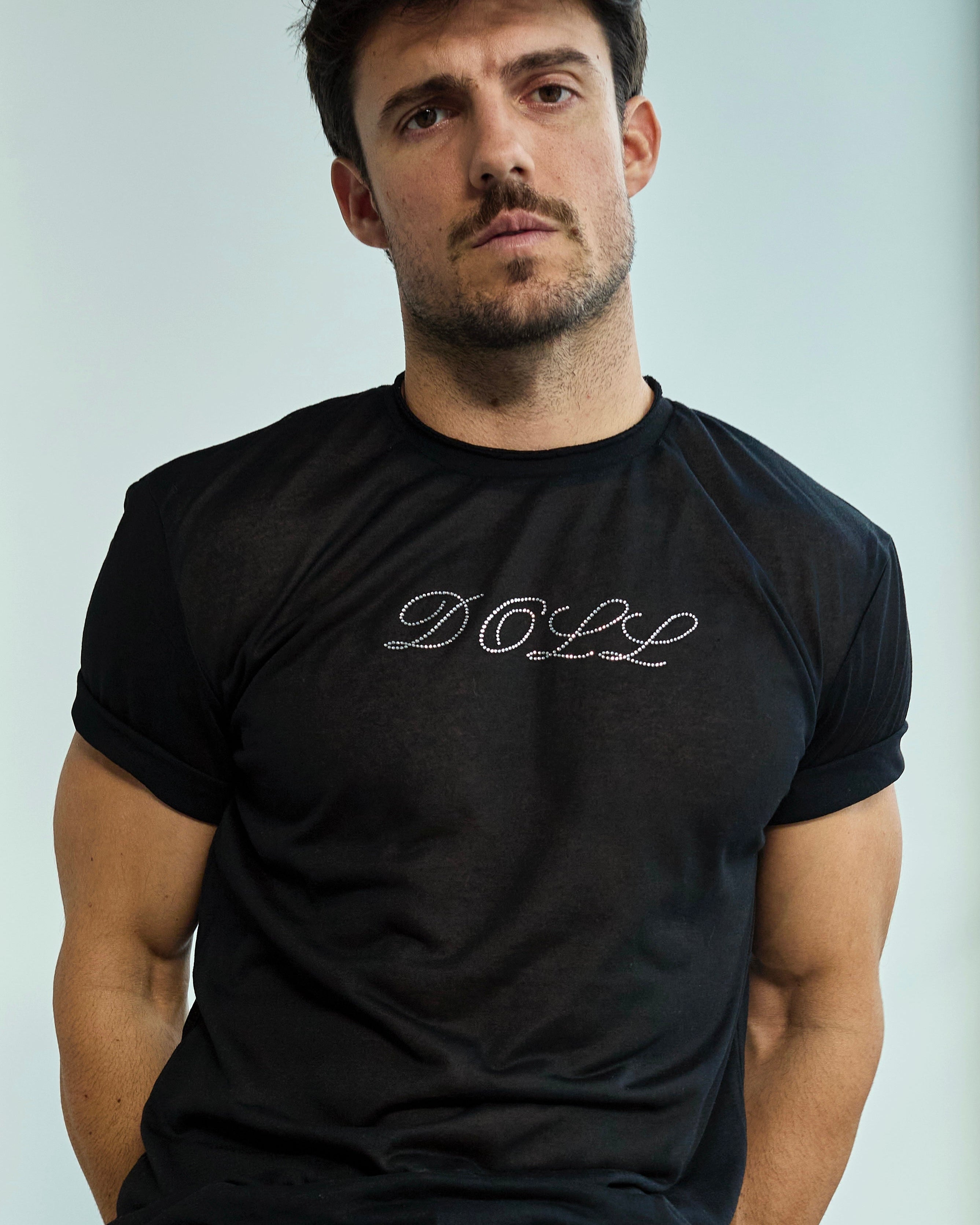 Etalon The Doll Tee - men's graphic tee with clear crystal detailing, front view