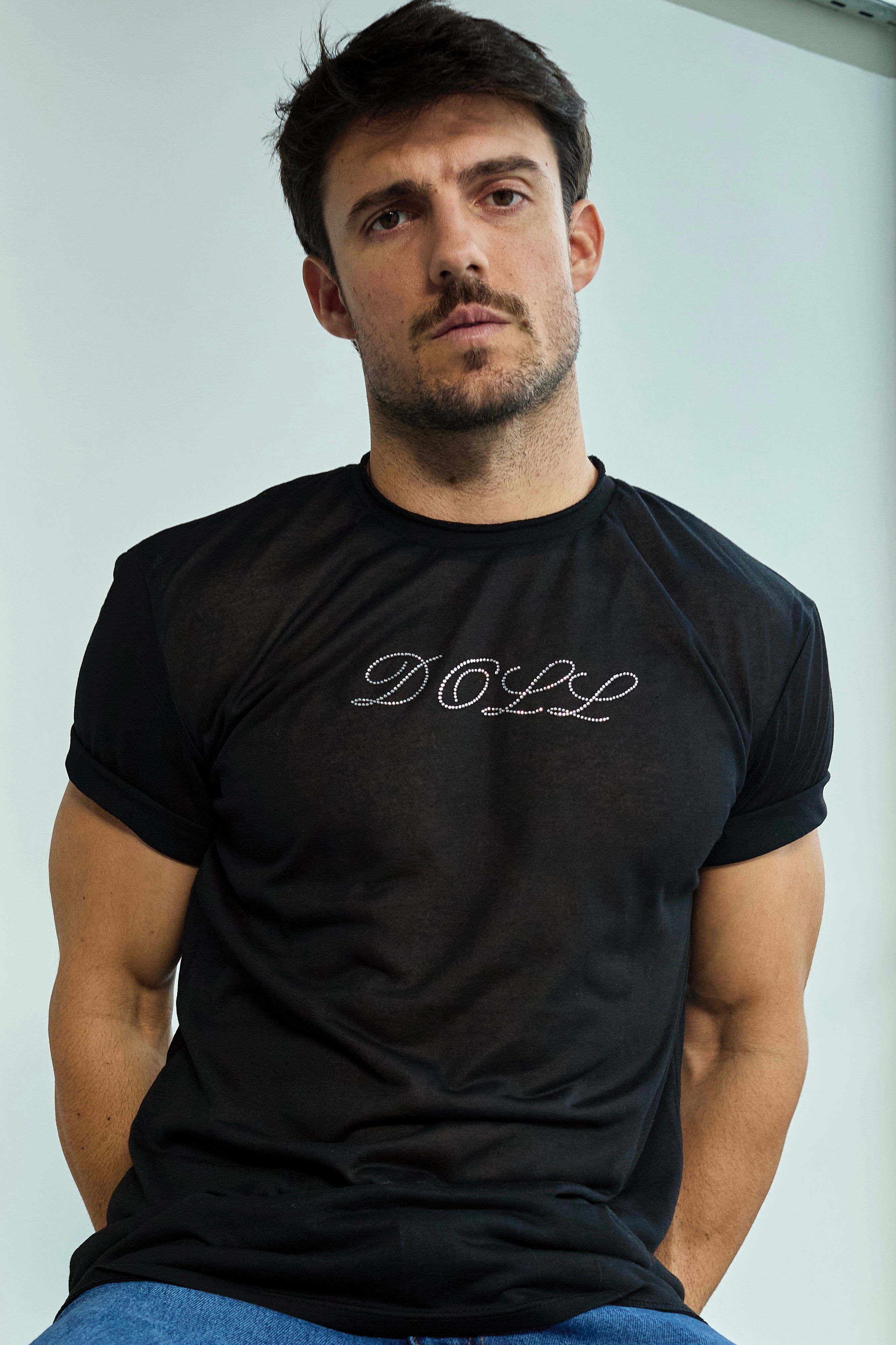 Etalon The Doll Tee - men's graphic tee with clear crystal detailing, front view