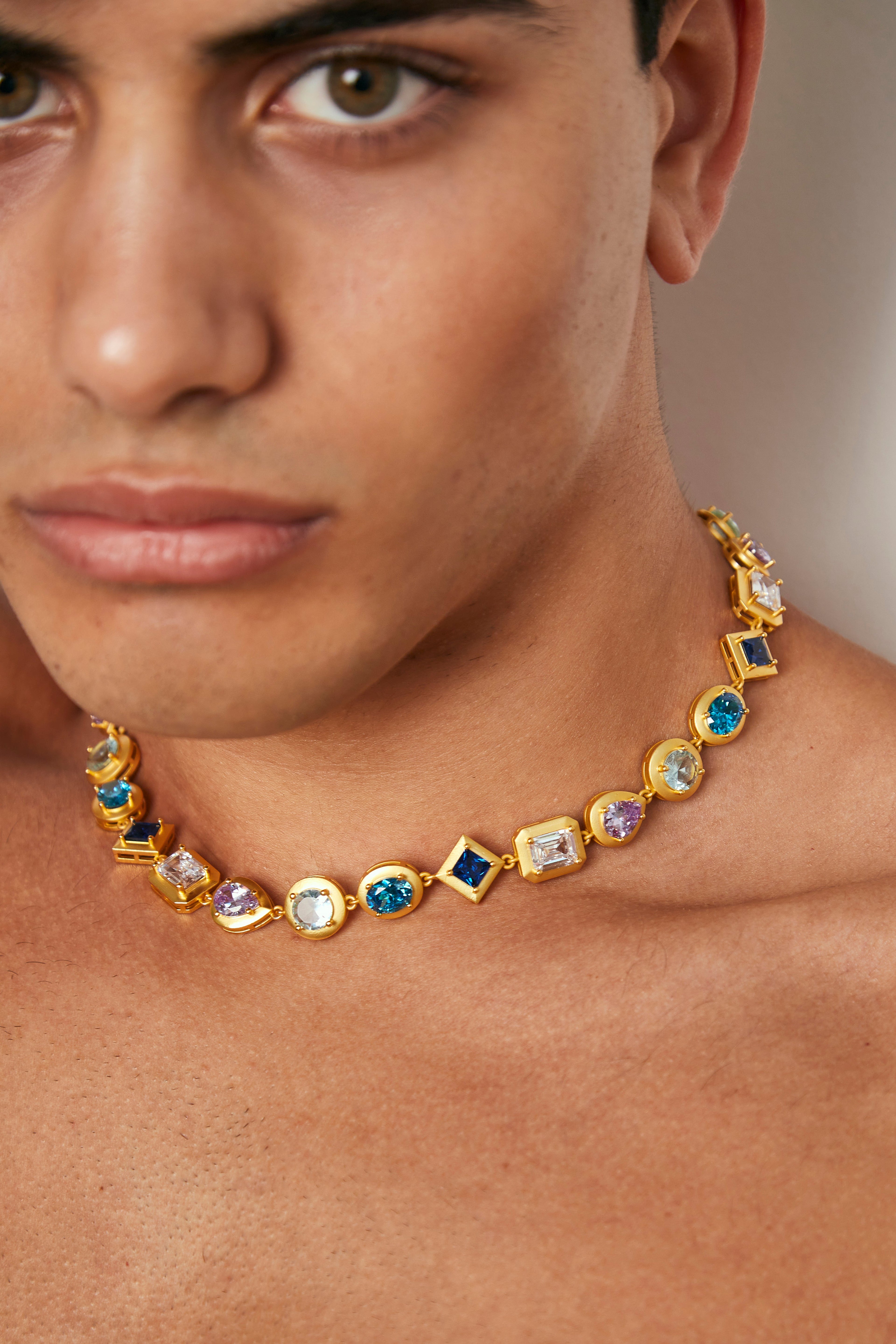 Etalon Prince Gemstone Choker - men's choker necklace with multicolored AAA zirconia stones, front view