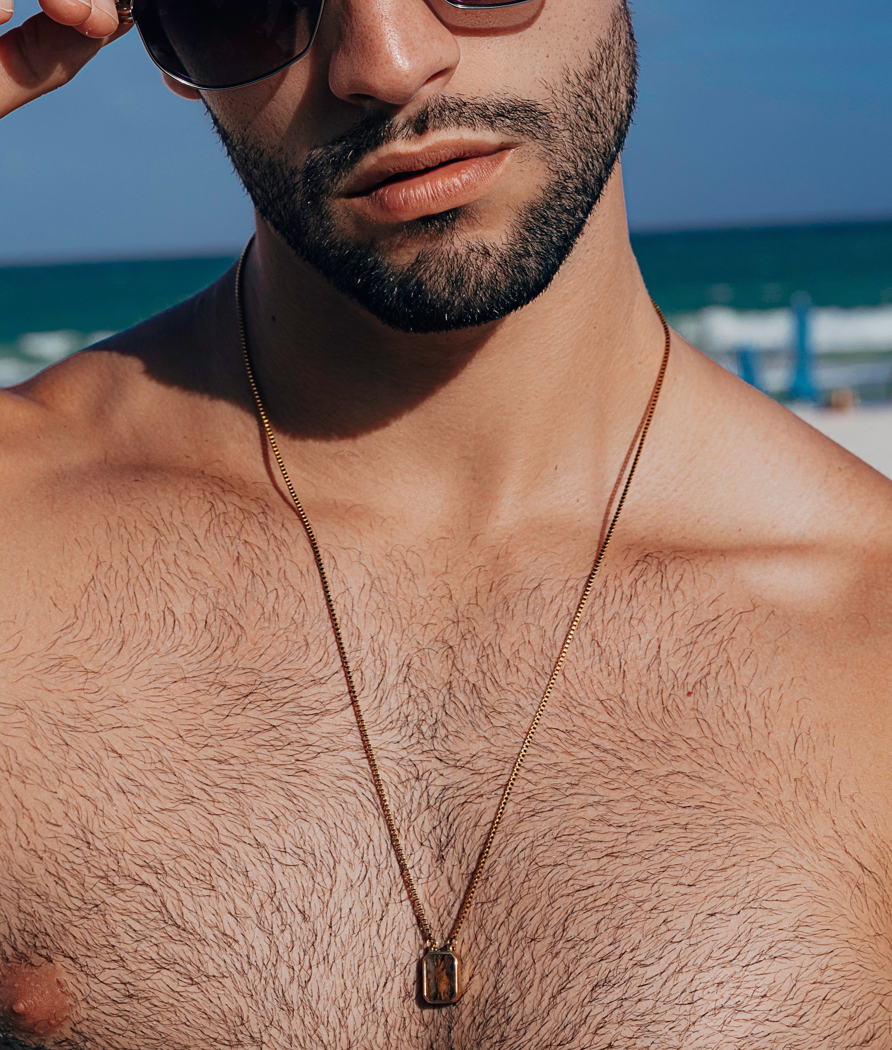 Etalon Reversible Scapular - men's 26 inch scapular necklace worn on model, styled view