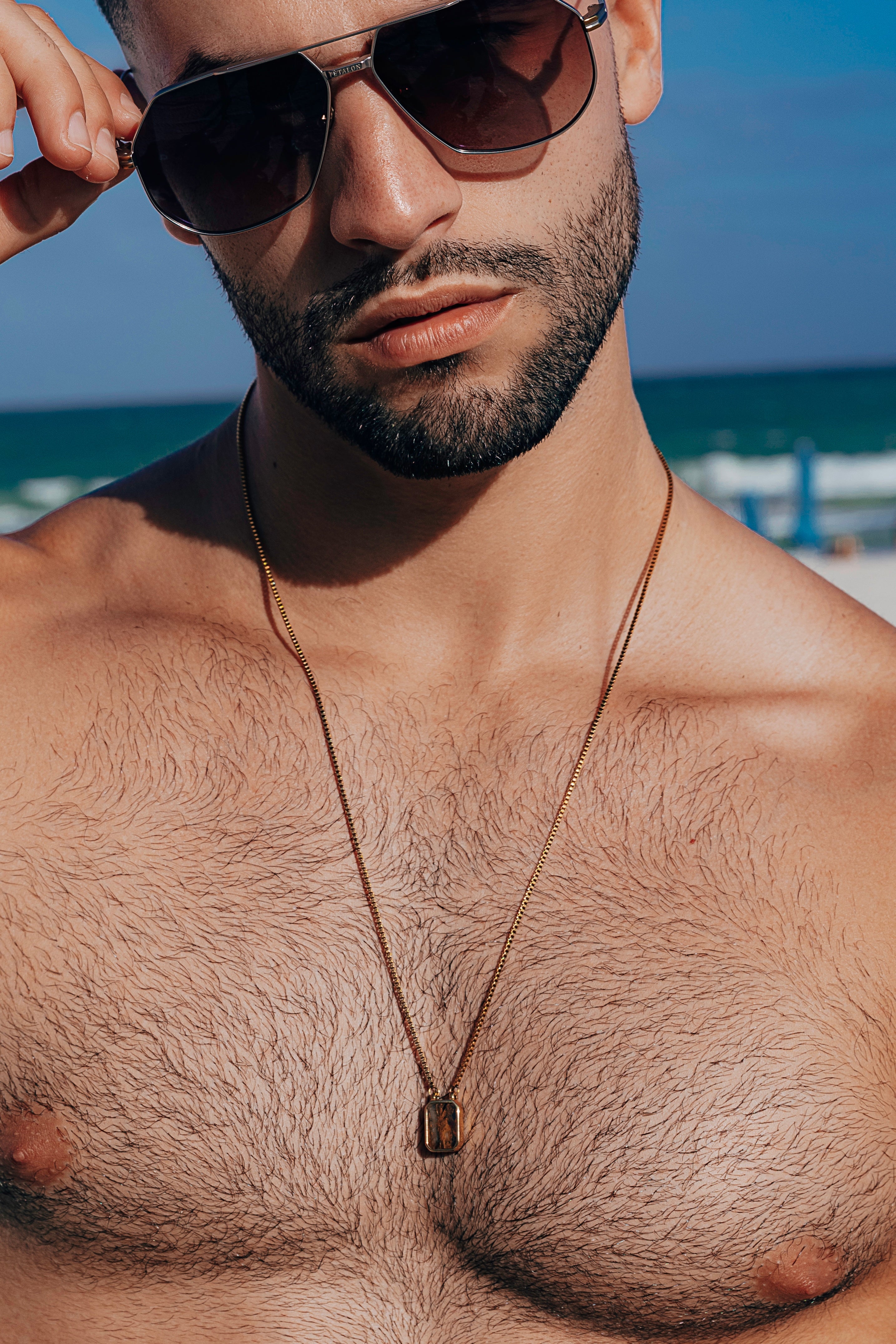 Etalon Reversible Scapular - men's 26 inch scapular necklace worn on model, styled view