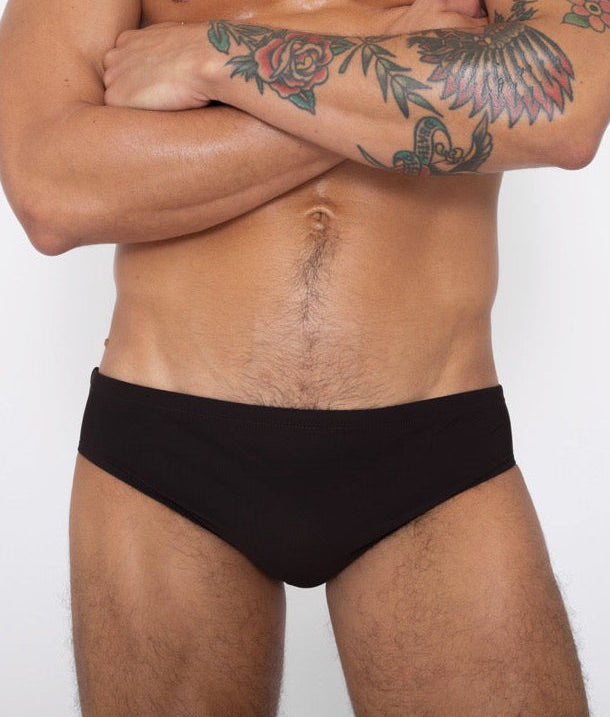 Sean & Val Classic Brief Black — men's swim brief, model front view