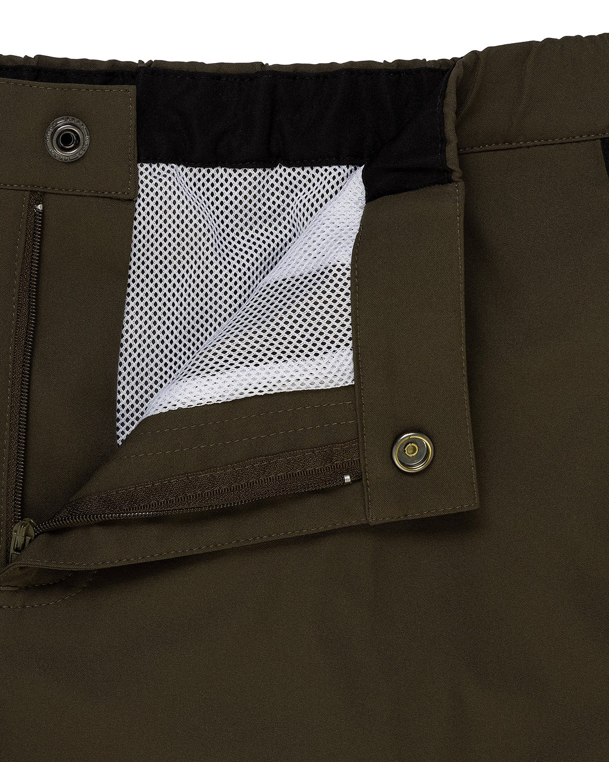 Parke & Ronen Angeleno Swim Trunk Army Green - men's low-rise swim trunk, detail shot of fabric and piping