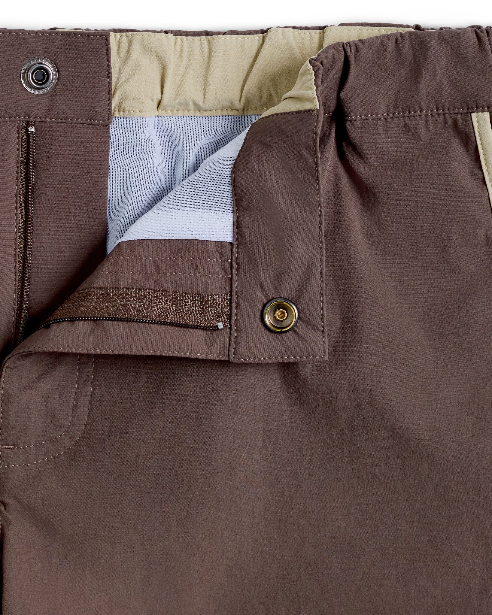 Parke & Ronen Angeleno Swim Trunk Espresso - men's low-rise swim trunk, detail shot of fabric and piping