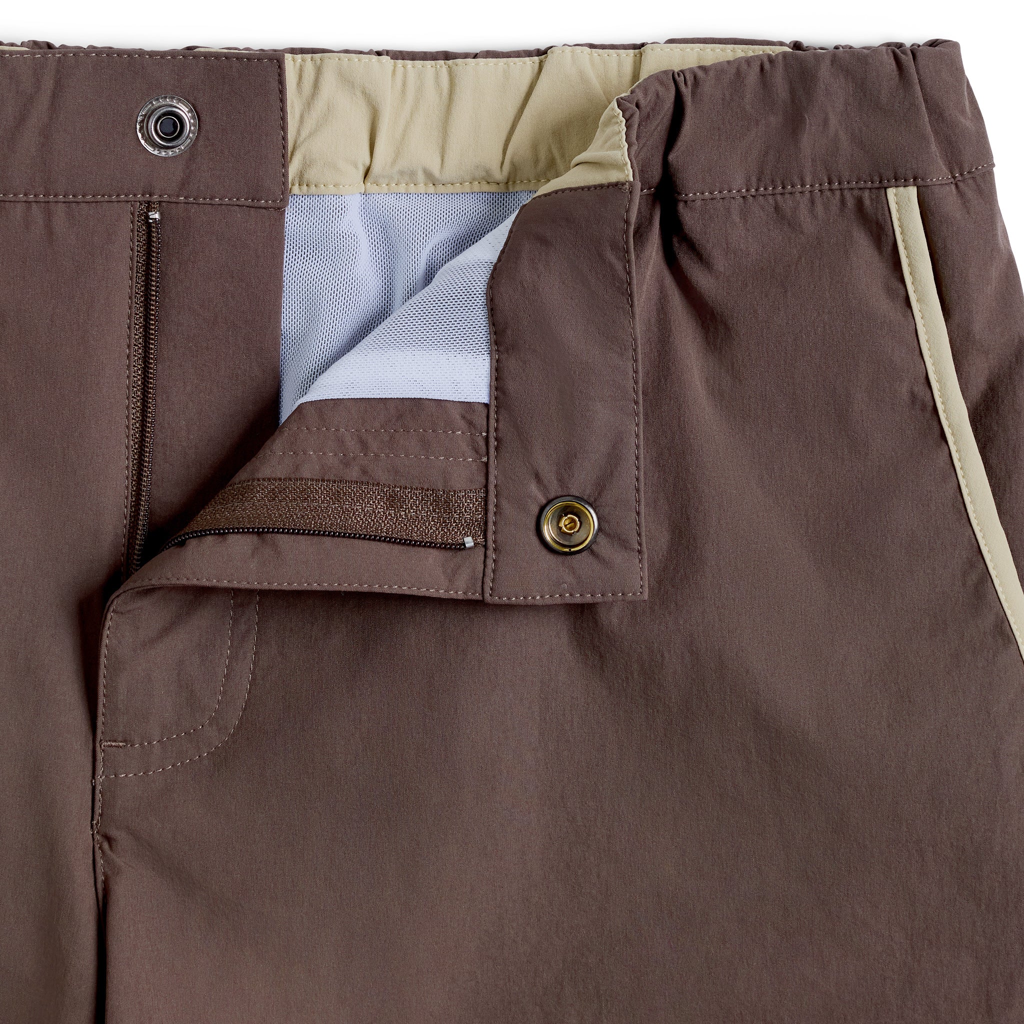 Parke & Ronen Angeleno Swim Trunk Espresso - men's low-rise swim trunk, detail shot of fabric and piping