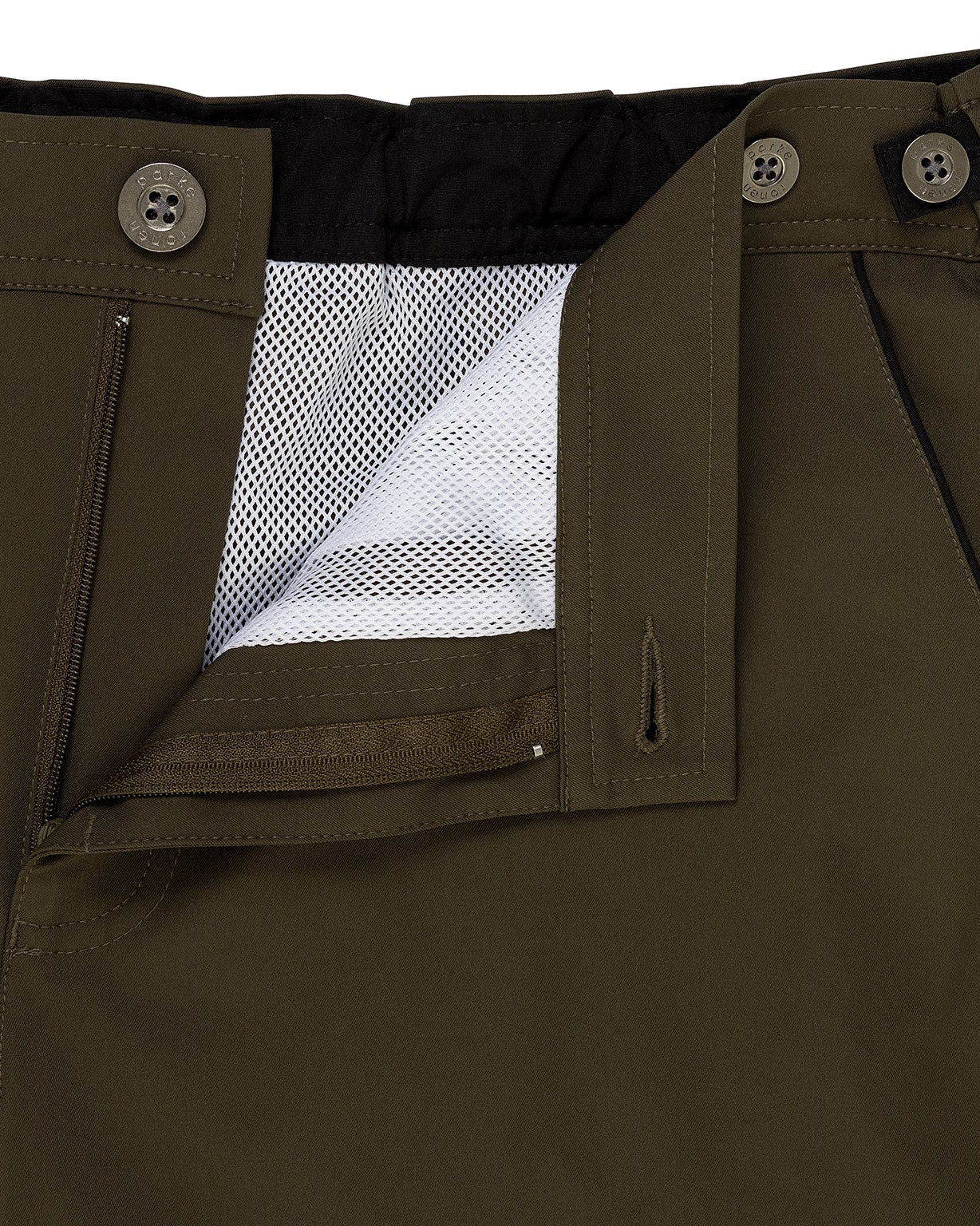 Parke & Ronen Catalonia Army Green Swim Short - close-up of accent waist tab and button closure