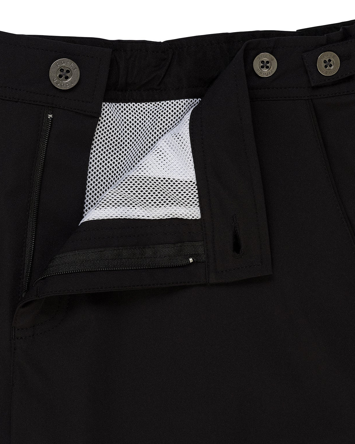 Parke & Ronen Catalonia Black Swim Short - close-up of accent waist tab and button closure