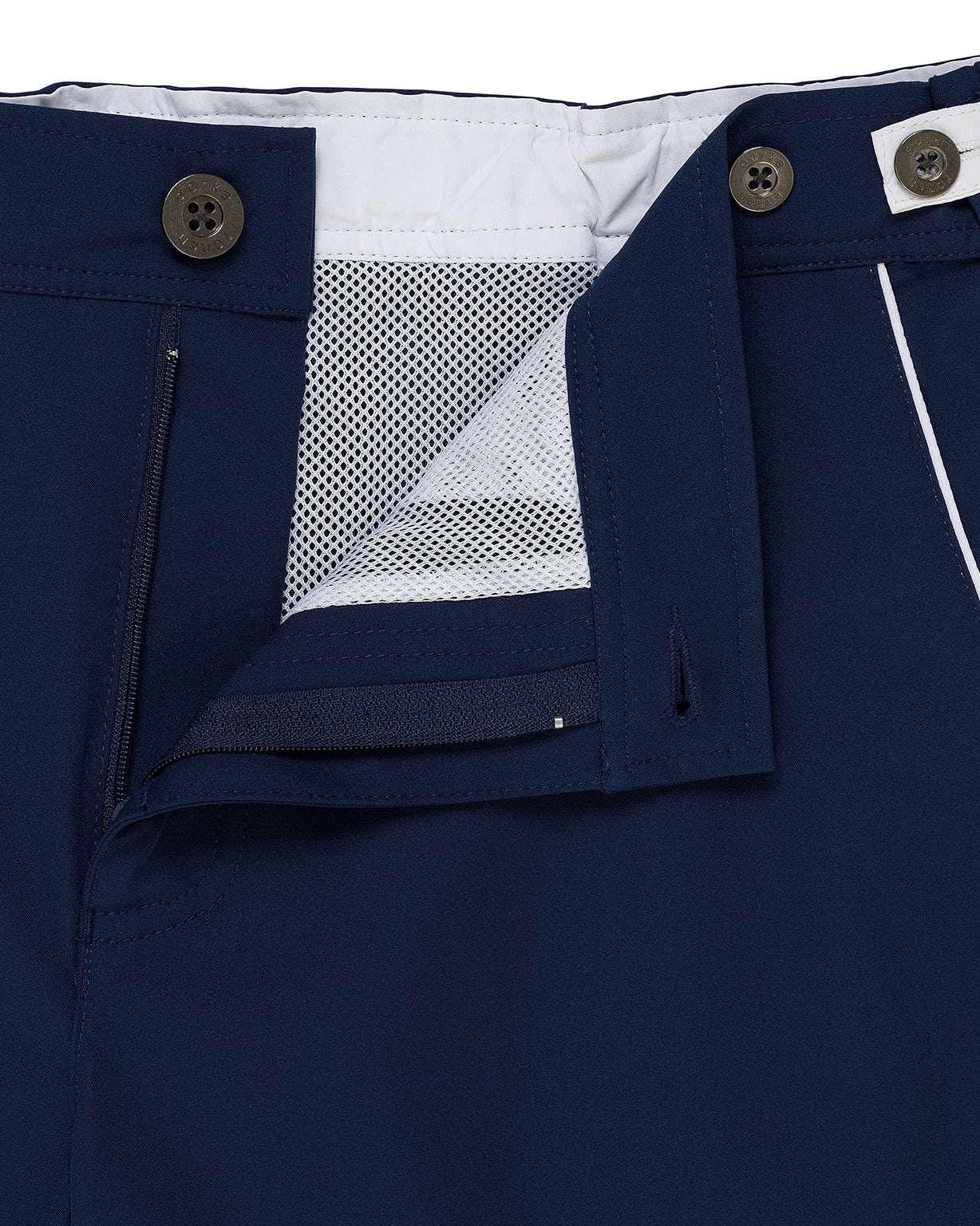 Parke & Ronen Catalonia Navy Swim Short - close-up of accent waist tab and button closure