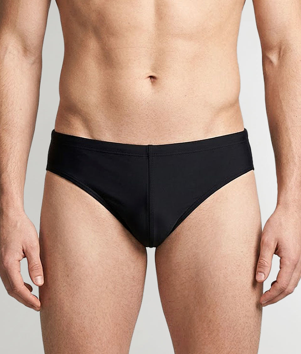 Sean & Val Racer Brief Black — men's quick-dry swim brief, product flat lay
