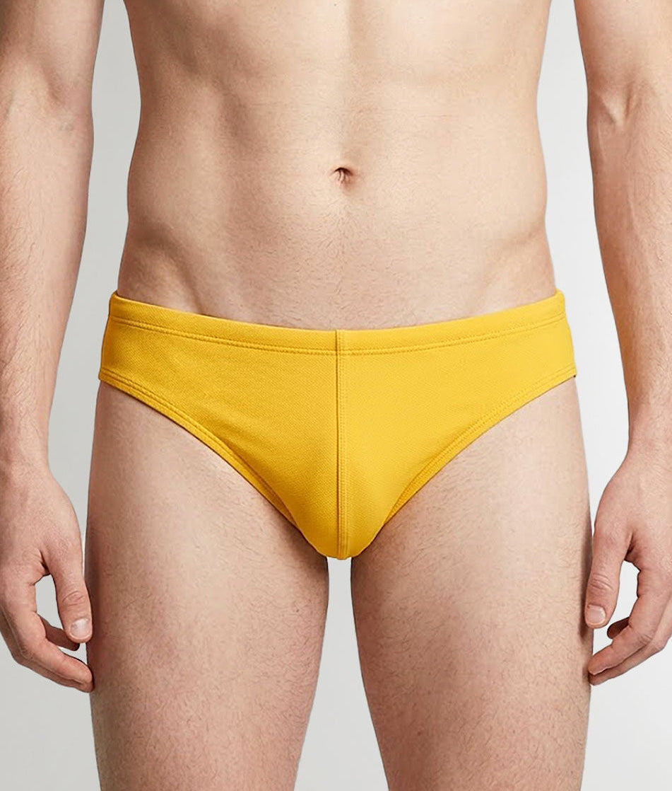 Sean & Val Racer Brief Sunflower — men's quick-dry swim brief, product flat lay