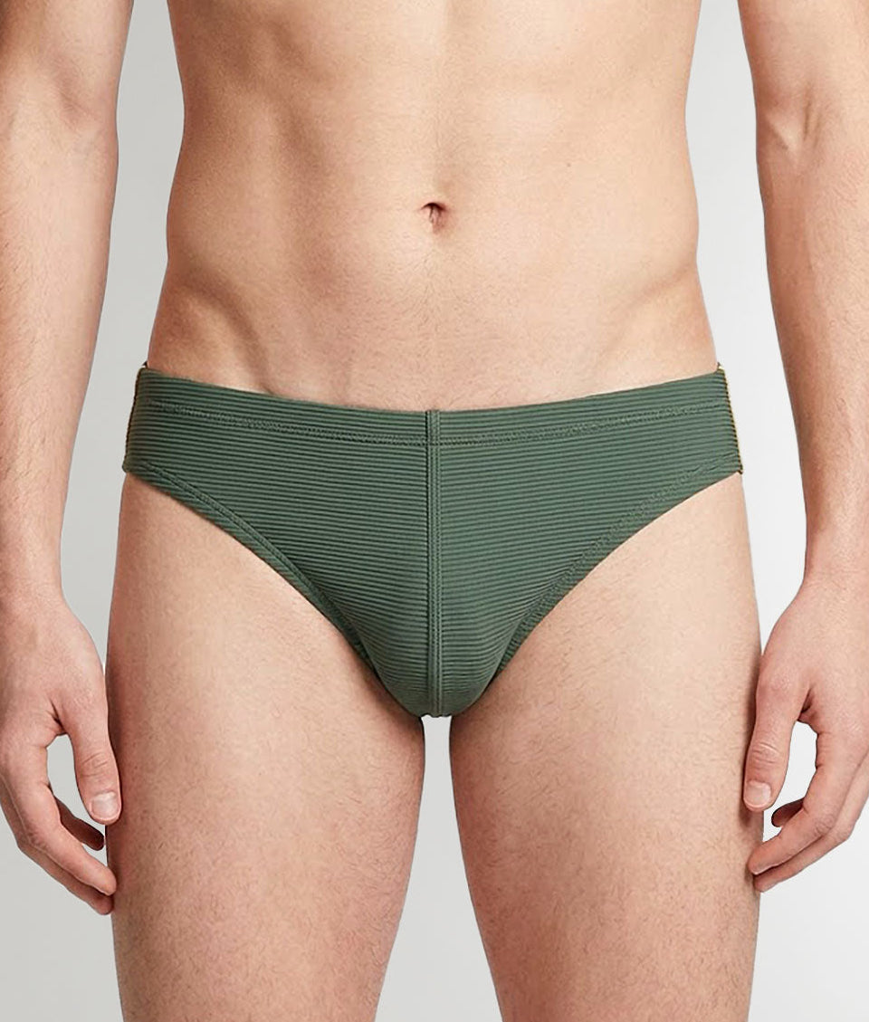 Sean & Val Ribbed Racer Brief Sage — men's quick-dry swim brief, product flat lay