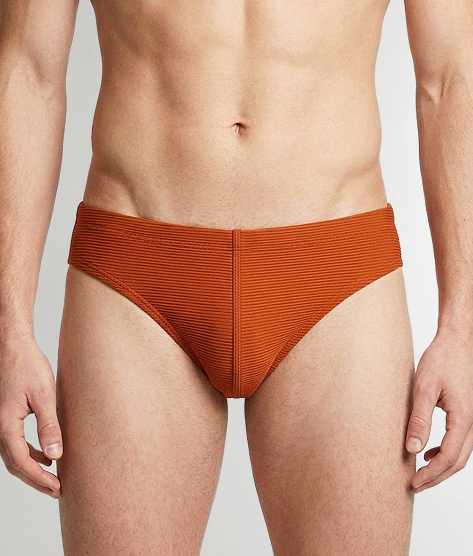 Sean & Val Ribbed Racer Brief Terracotta — men's quick-dry swim brief, product flat lay