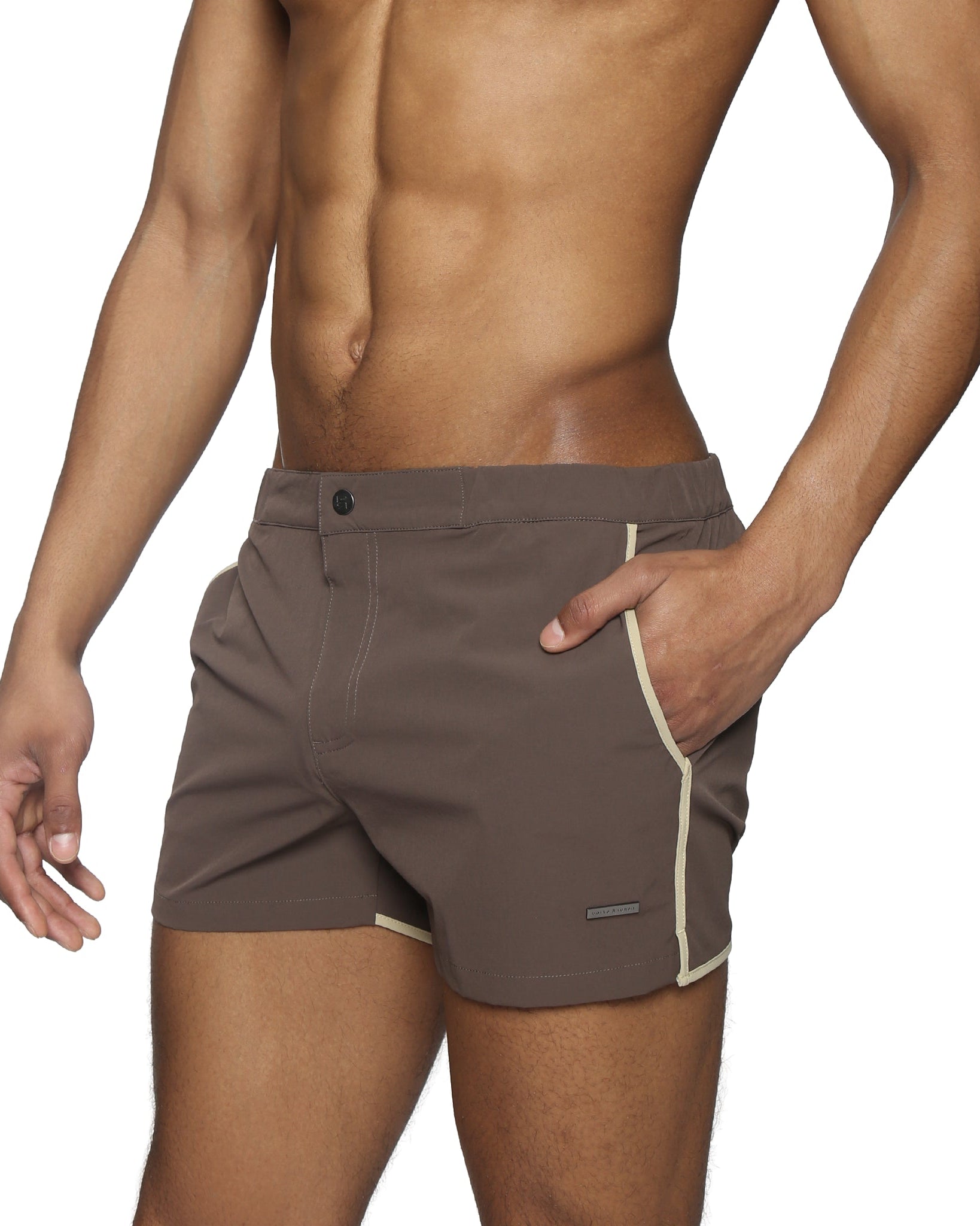 Parke & Ronen Angeleno Swim Trunk Espresso - men's low-rise swim trunk, side view