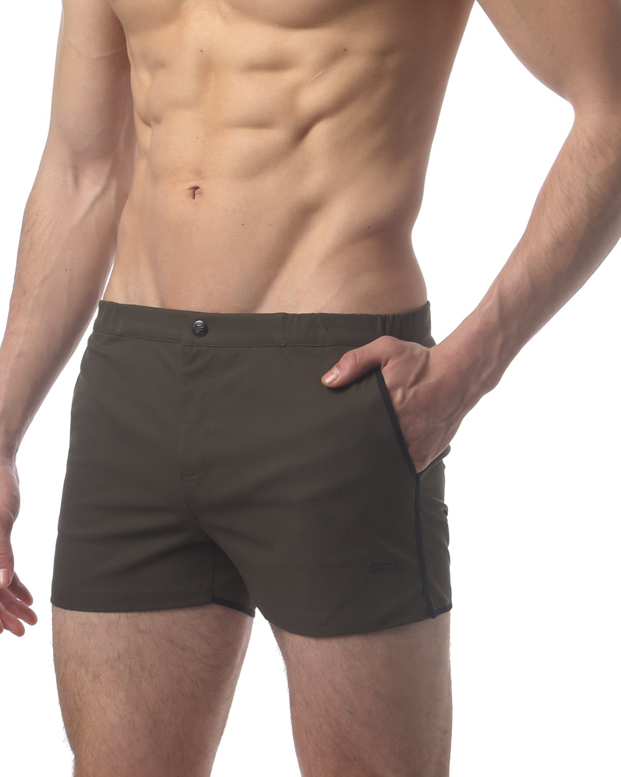 Parke & Ronen Angeleno Swim Trunk Army Green - men's low-rise swim trunk, side view
