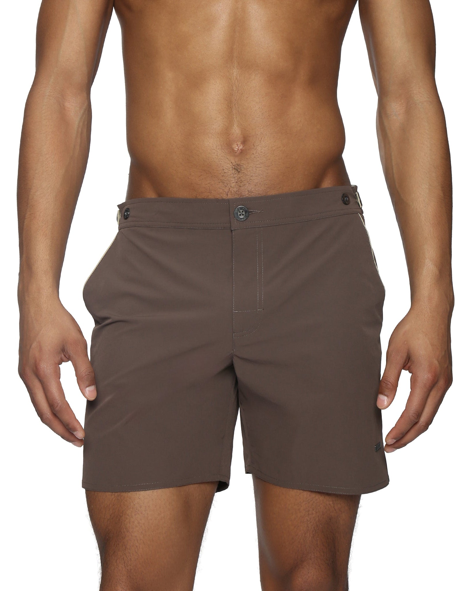 Parke & Ronen Catalonia Espresso Stretch Swim Short - men's 6" stretch swim short, front view