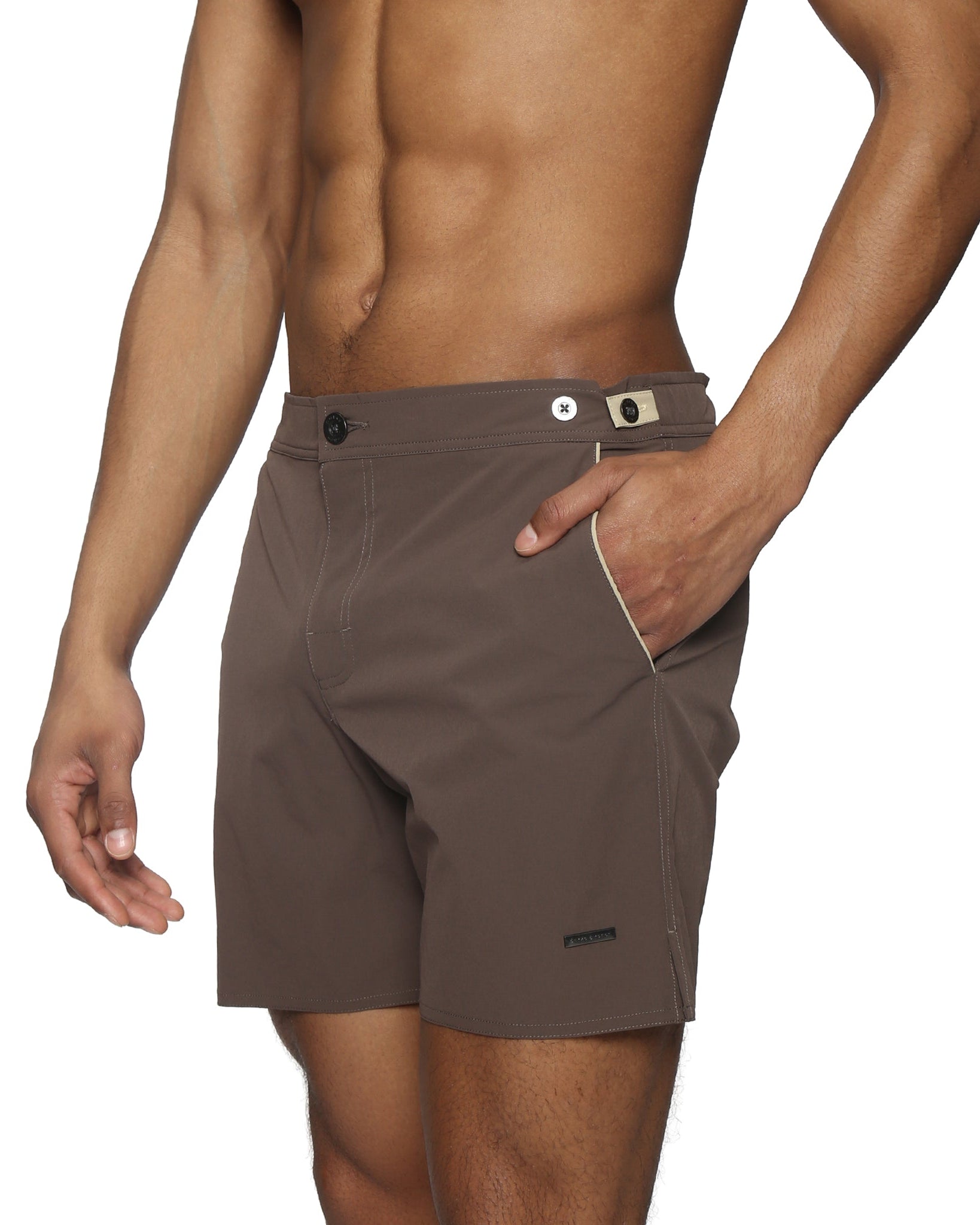 Parke & Ronen Catalonia Espresso Stretch Swim Short - back view showing adjustable waist detail