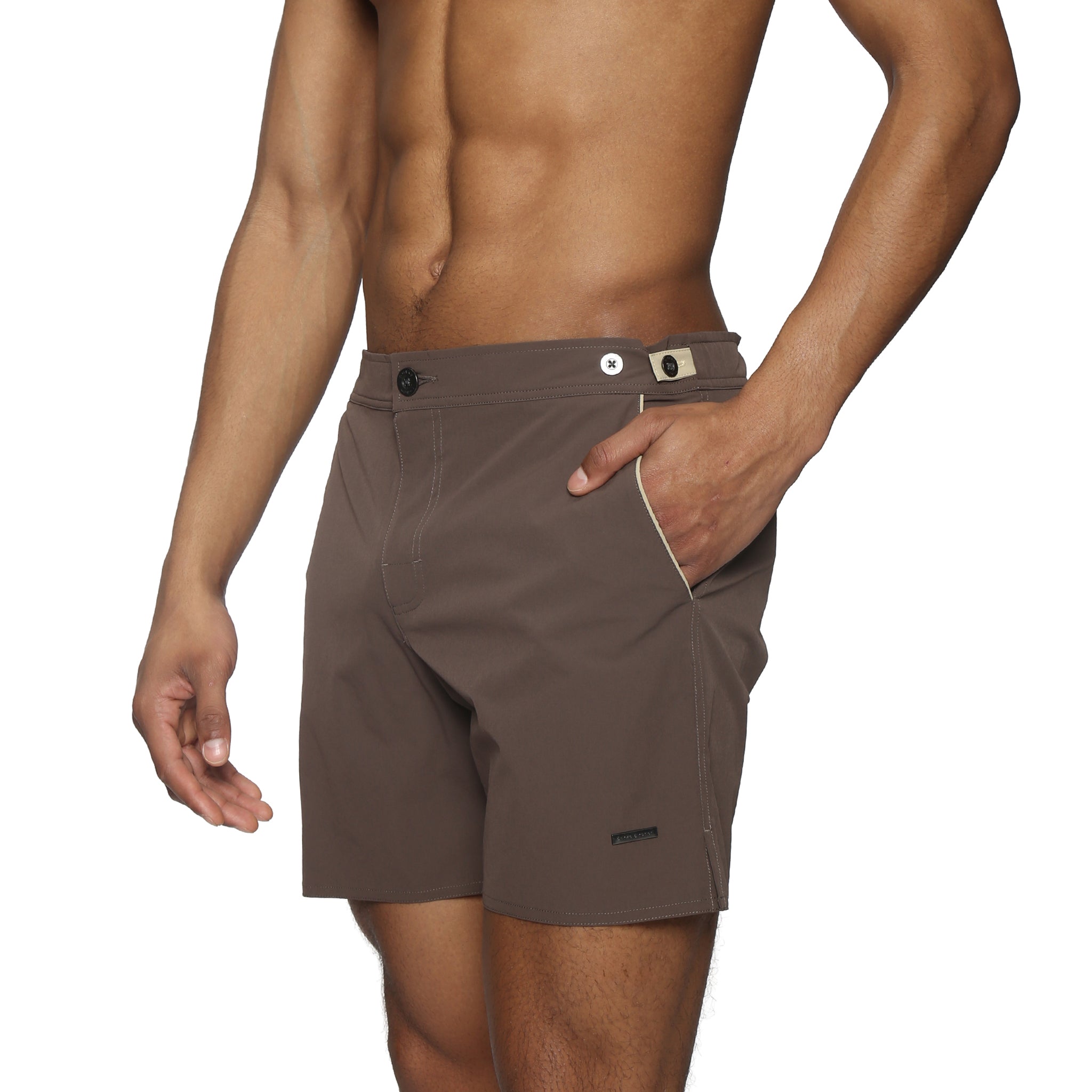 Parke & Ronen Catalonia Espresso Stretch Swim Short - back view showing adjustable waist detail