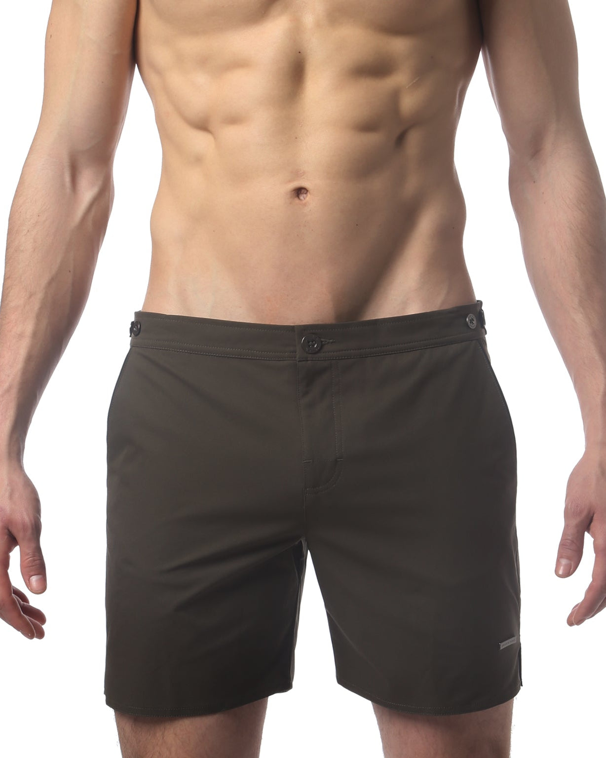 Parke & Ronen Catalonia Army Green Swim Short - men's 6" quick-dry swim short, front view