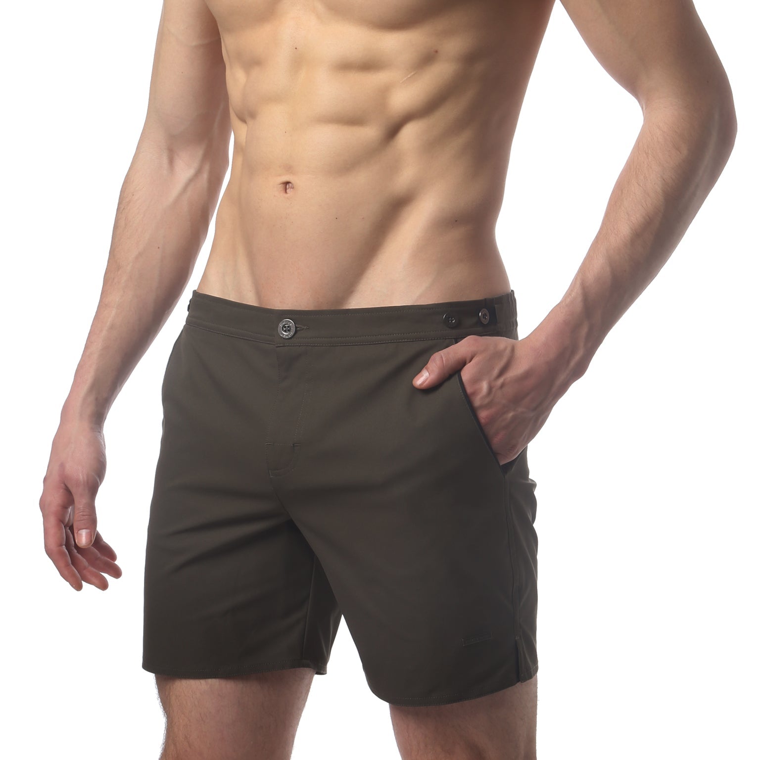 Parke & Ronen Catalonia Army Green Swim Short - back view showing adjustable waist detail