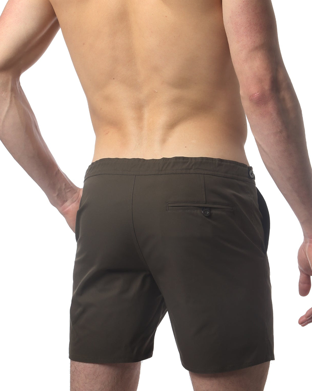 Parke & Ronen Catalonia Army Green Swim Short - side view with mesh lining detail