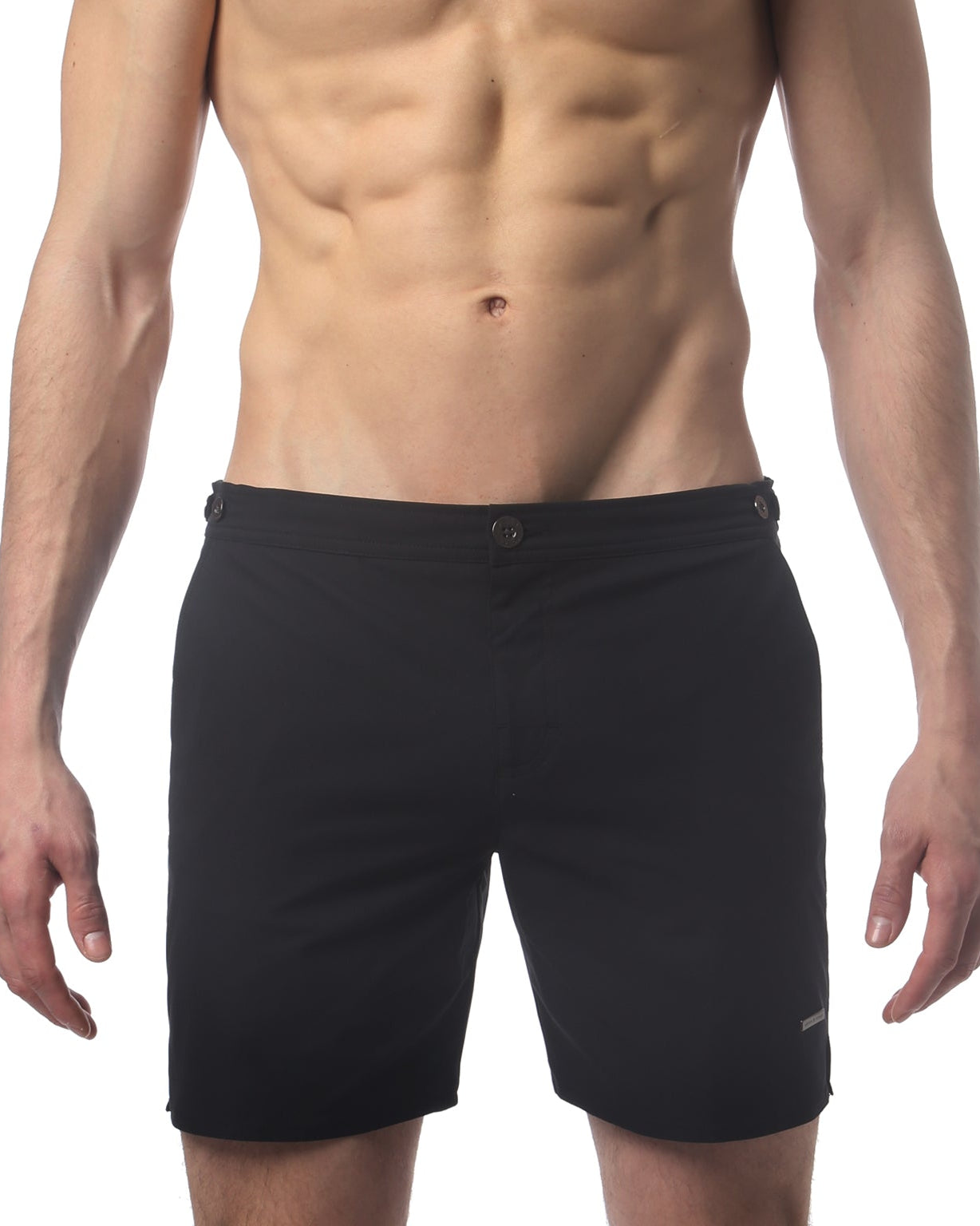 Parke & Ronen Catalonia Black Swim Short - men's 6" quick-dry swim short, front view