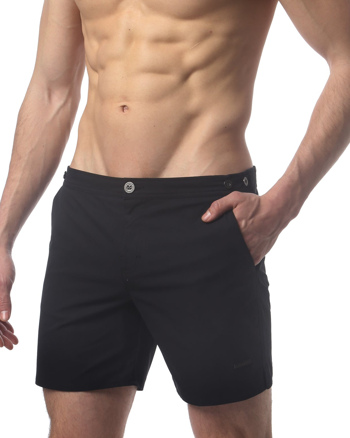 Parke & Ronen Catalonia Black Swim Short - side view with full mesh lining detail