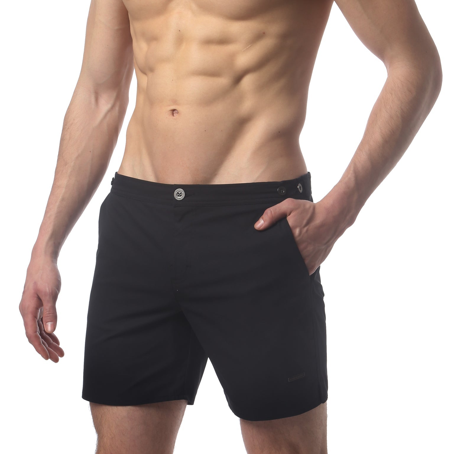 Parke & Ronen Catalonia Black Swim Short - side view with full mesh lining detail