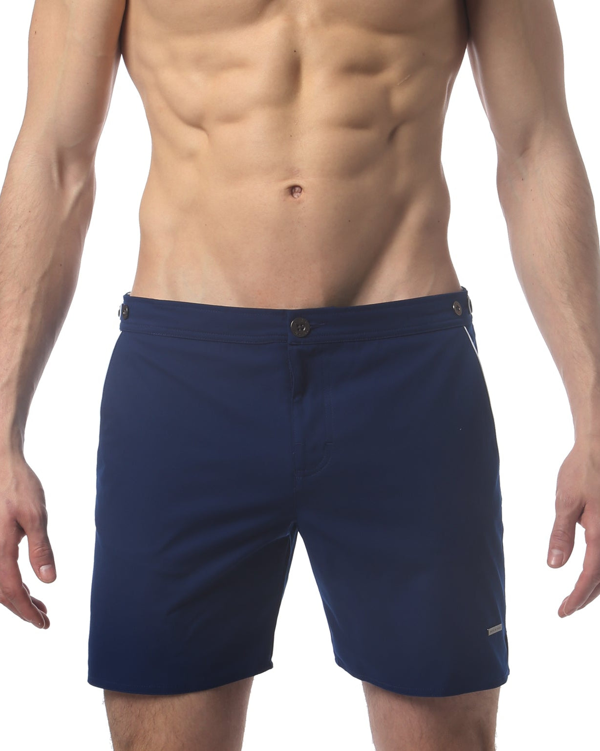 Parke & Ronen Catalonia Navy Swim Short - men's 6" quick-dry swim short, front view
