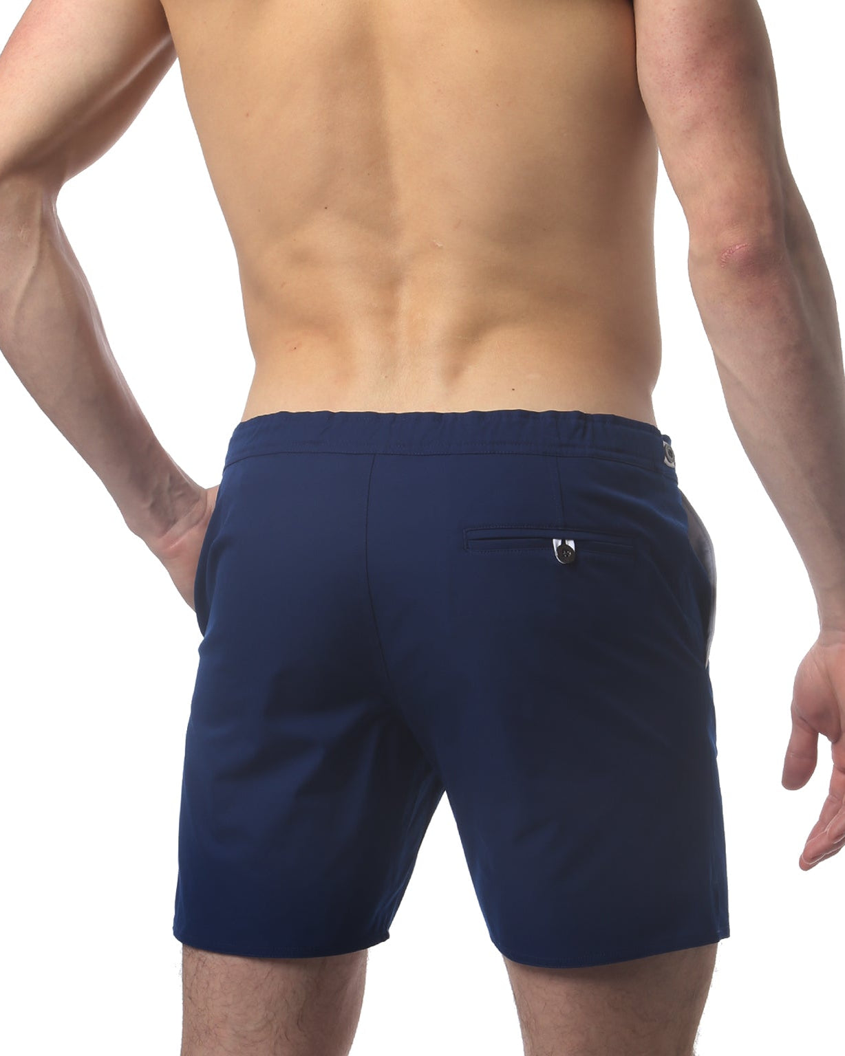 Parke & Ronen Catalonia Navy Swim Short - side view with mesh lining detail