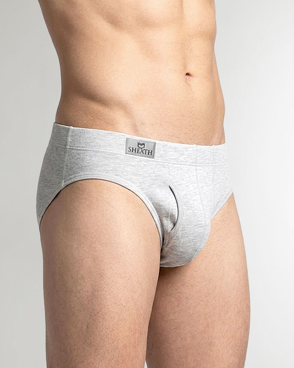 SHEATH Bamboo Brief Heather Gray - men's breathable bamboo European brief with fabric waistband, right angle view